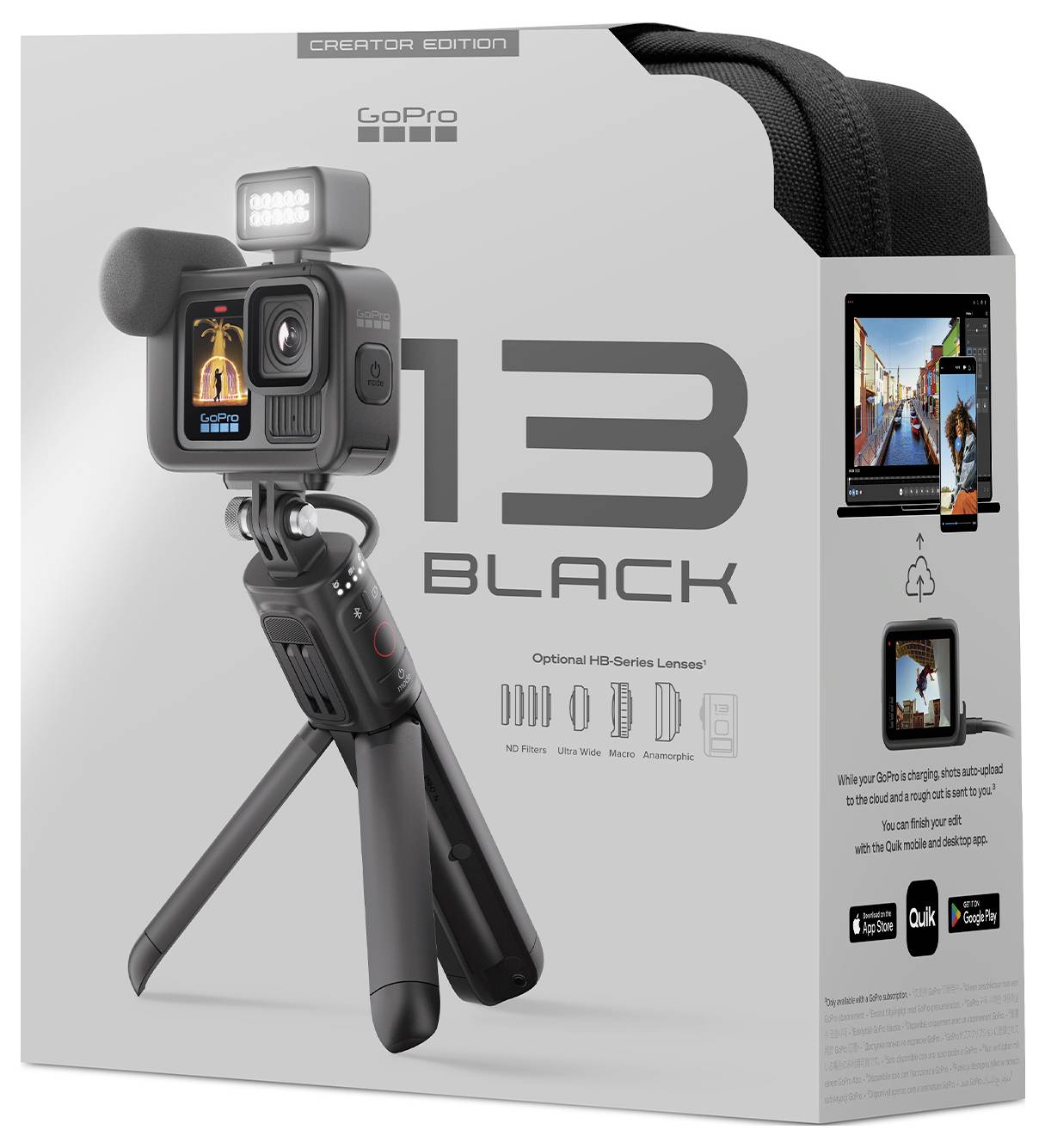 Verpackung der 'GoPro Hero 13 Black Creator Edition' mit Kamera, Mikrofon, Stativ und Licht. Fotos der Kameraeinsatzmöglichkeiten.