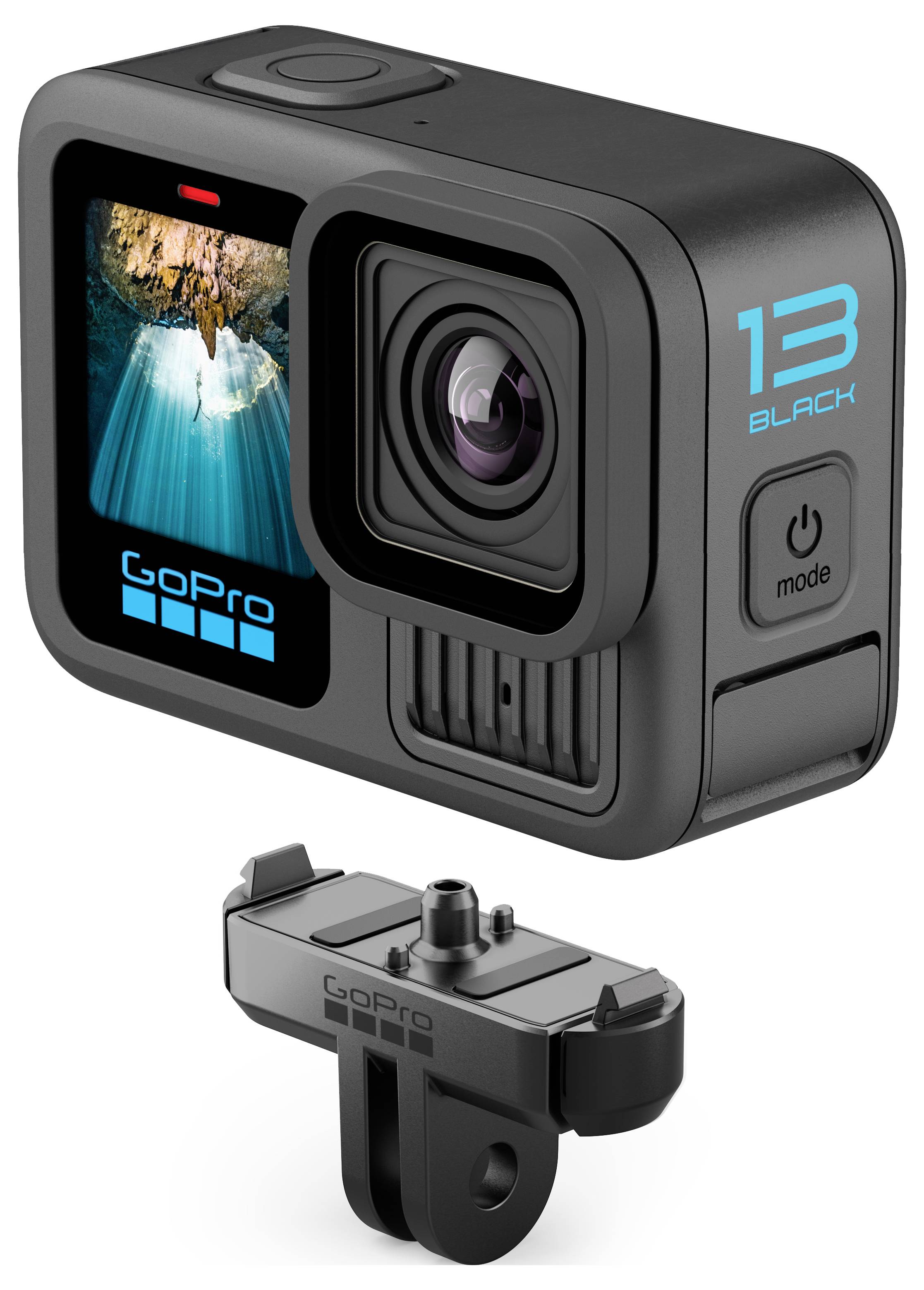 Eine GoPro-Kamera mit Displayvorschau eines Wasserfalls und Montierungslösung darunter, Modellnummer "13 Black" auf der Seite.