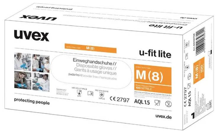 Schachtel mit 'uvex u-fit lite' Einweghandschuhen, Größe M (8), puderfrei, 100 Stück. Aufdruck zeigt Anwendungshinweise und 'protecting people'.
