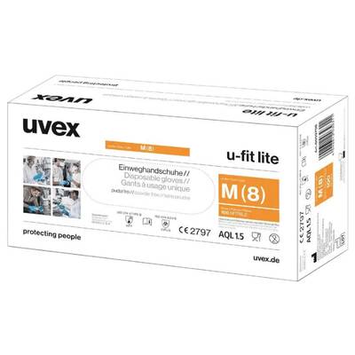 Verpackung von Einweghandschuhen 'uvex u-fit lite', Größe M (8), Nitril, puderfrei, mit Bildern der Anwendung und QR-Code zu weiteren Details.