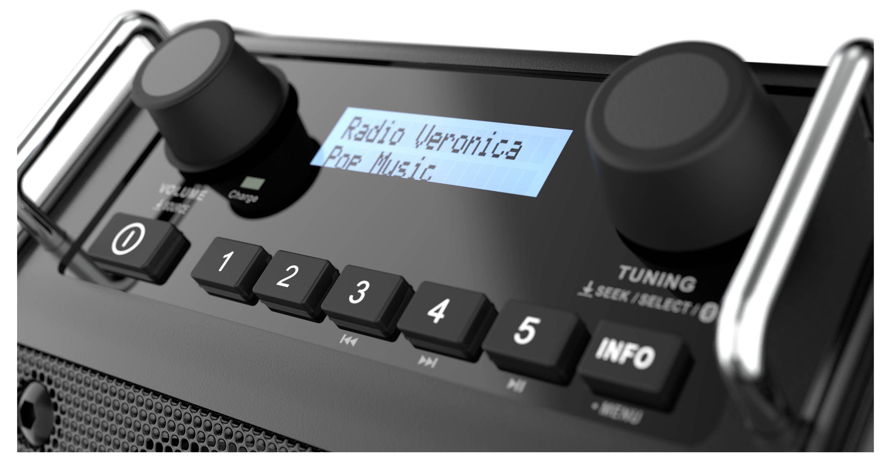 Ein schwarzes Radio zeigt auf einem Display 'Radio Veronica' und 'Pop Music'. Tasten von 0 bis 5 und Infotaste sind sichtbar.