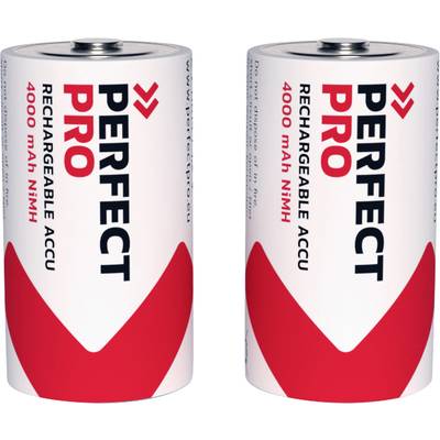 Zwei weiße, zylindrische Akkus der Marke 'Perfect Pro', 4000 mAh NiMH, mit rotem V-Design, nebeneinander stehend.