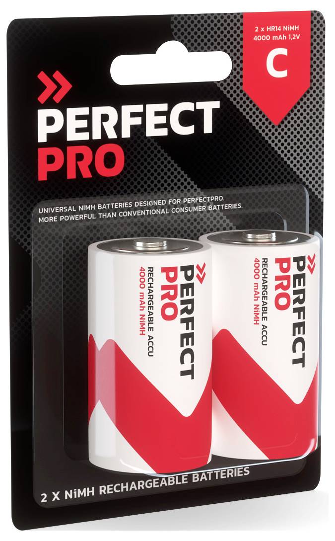 Zwei wiederaufladbare NiMH C-Batterien der Marke 'Perfect Pro', verpackt in einer Blisterverpackung mit Aufschrift in Rot und Schwarz.