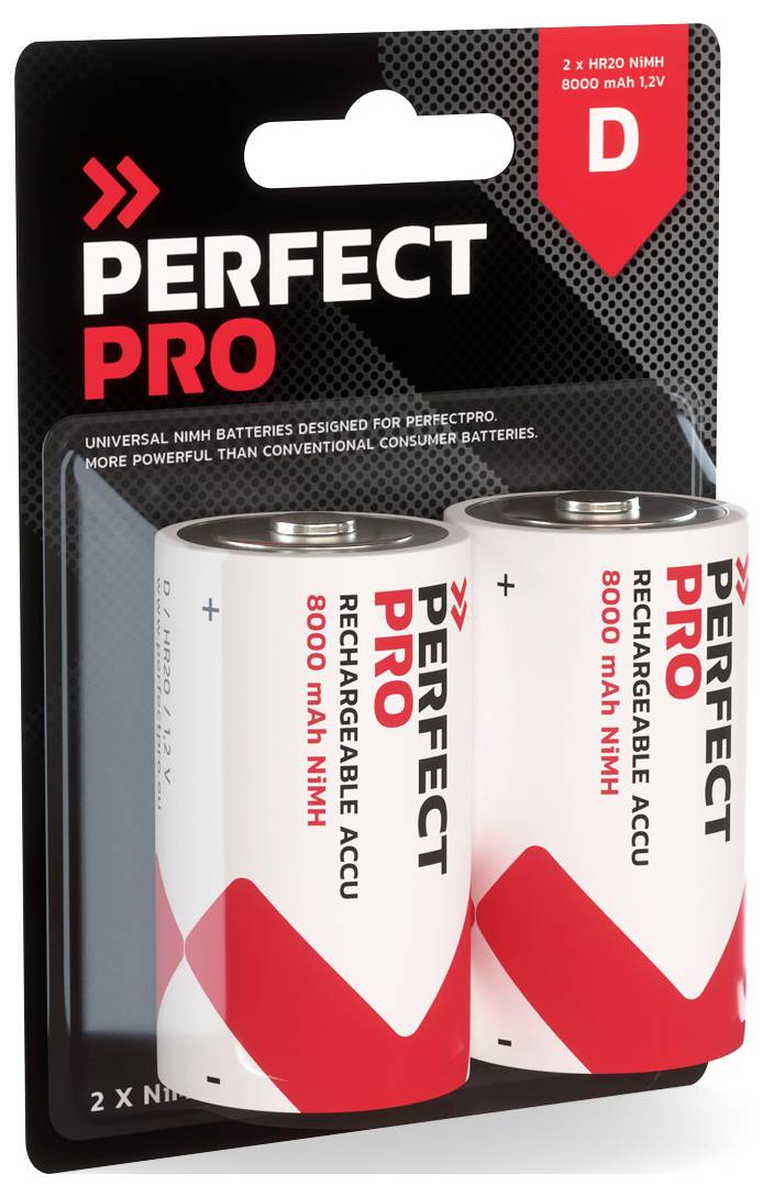 Zwei D-Batterien mit der Aufschrift 'Perfect Pro'. Verpackung mit technischer Beschreibung und Leistungshinweis.