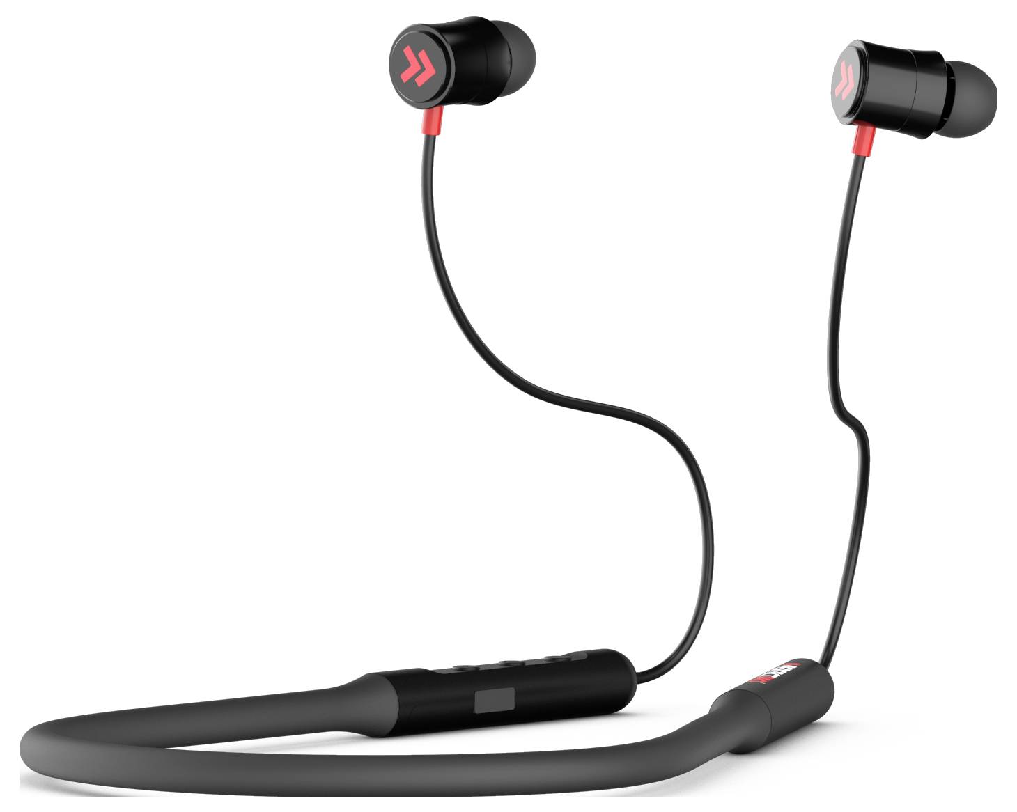 Schwarze kabellose In-Ear-Kopfhörer mit Nackenbügel, rote Akzente an den Ohrstöpseln, geeignet für Musik und Anrufe unterwegs.