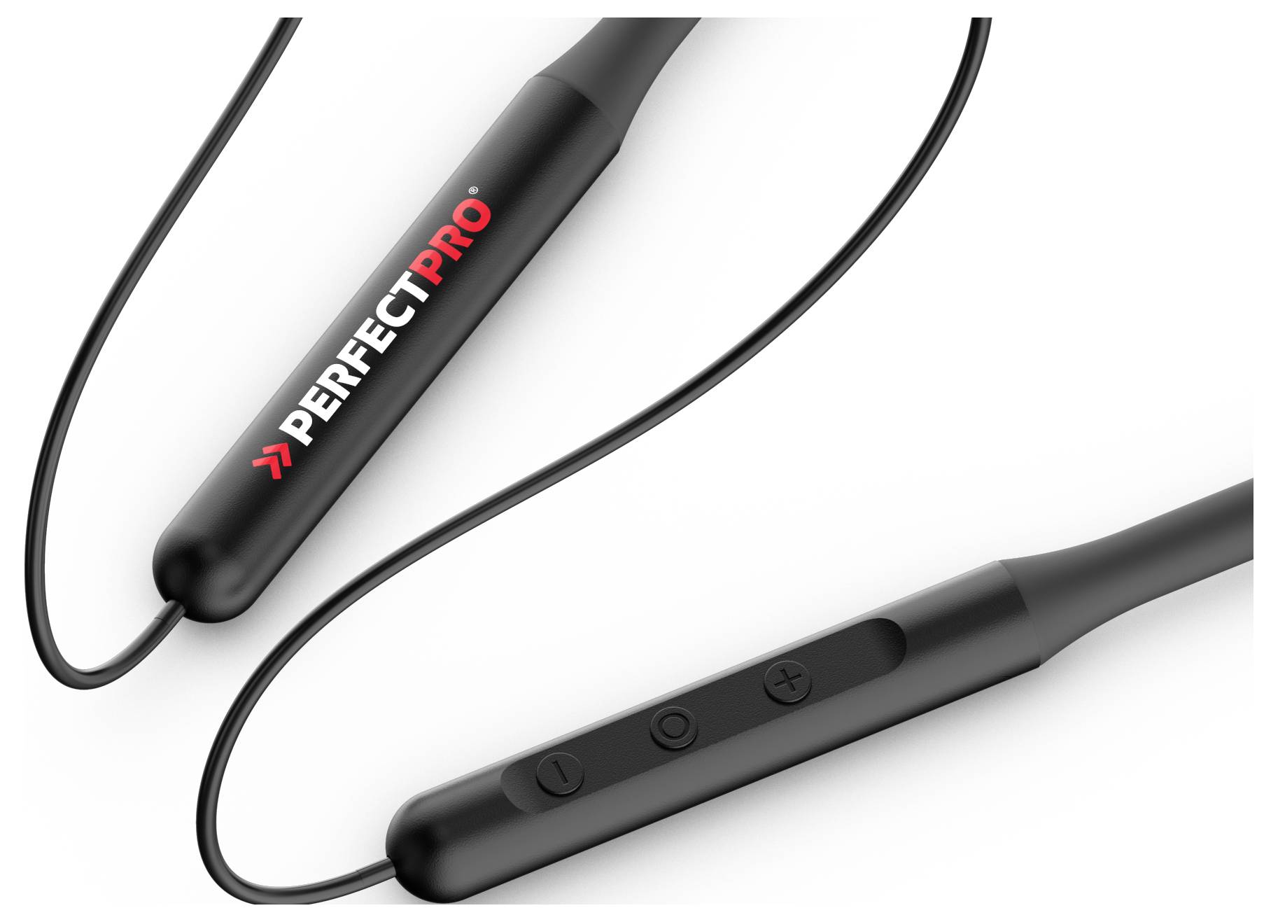 Ein kabelloses Headset mit schwarzem Design und dem Logo 'PERFECTPRO' auf einem Ohrstöpsel. Steuerungstasten befinden sich am Kabel.