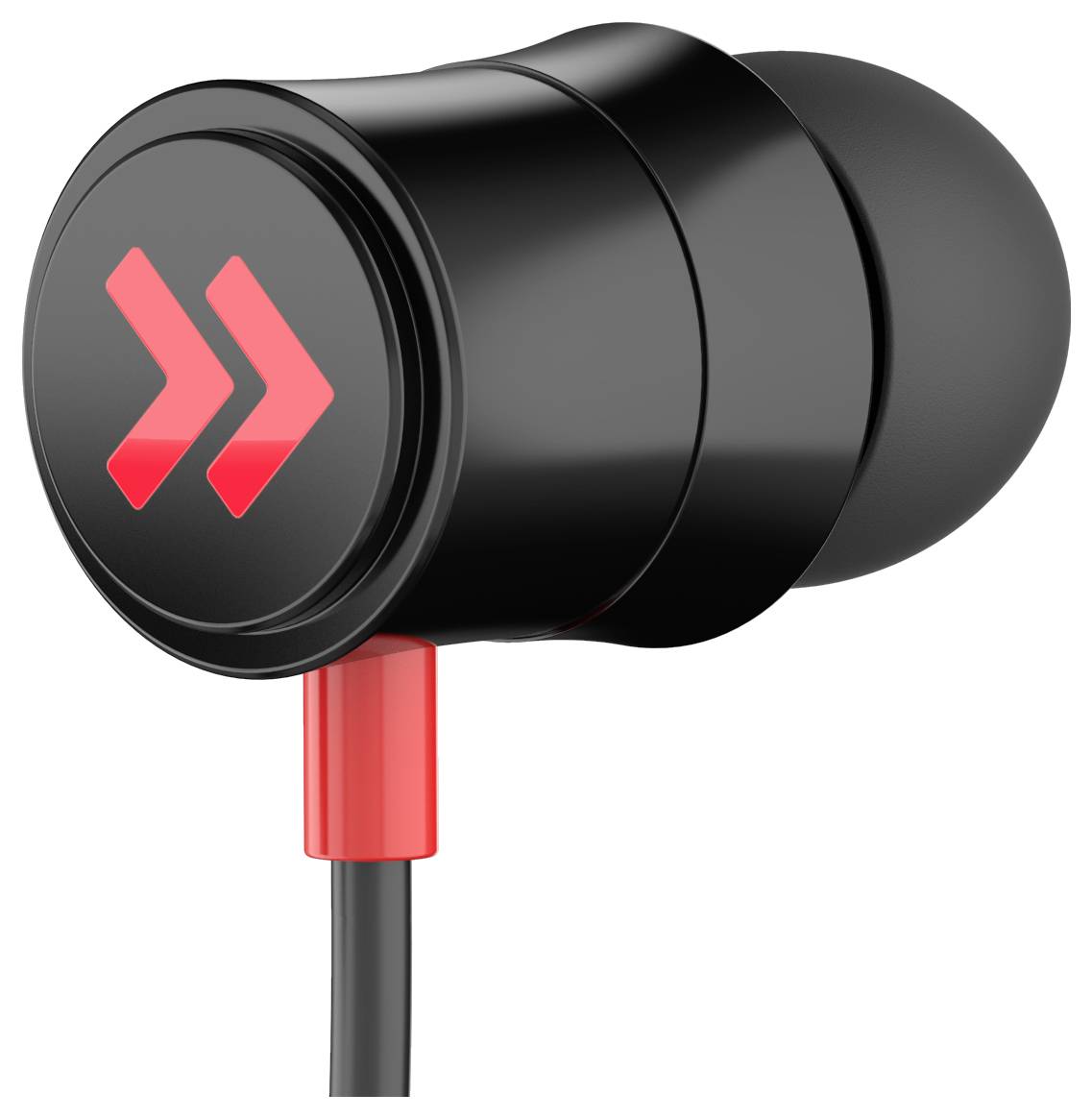 Schwarzer In-Ear-Kopfhörer mit roten Akzenten und einem Doppelpfeilsymbol auf der Außenseite in roter Farbe.