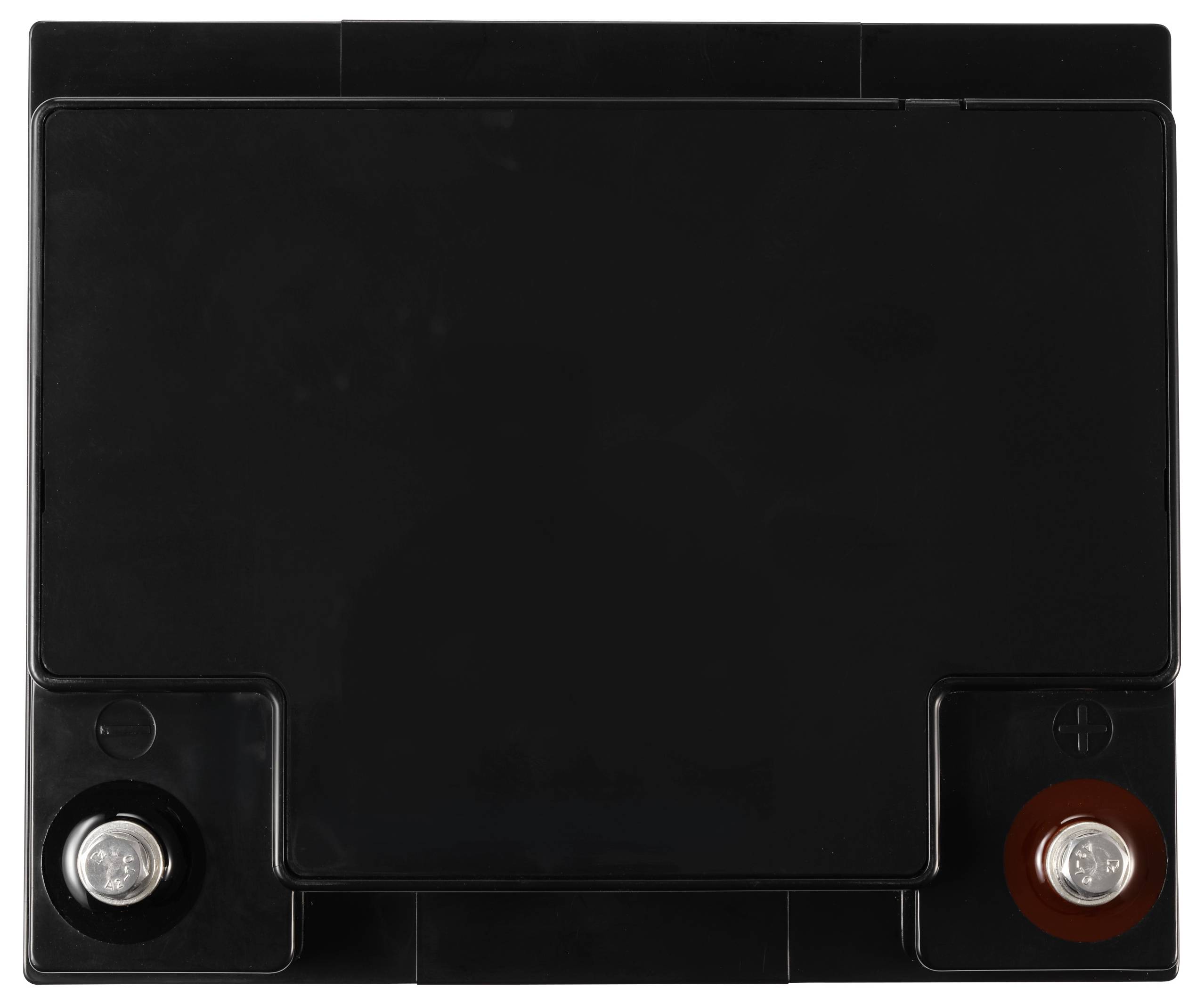 Eine schwarze Autobatterie in rechteckiger Form mit sichtbaren Plus- und Minuspol-Anschlüssen.