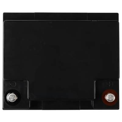 Eine schwarze Autobatterie in rechteckiger Form mit sichtbaren Plus- und Minuspol-Anschlüssen.