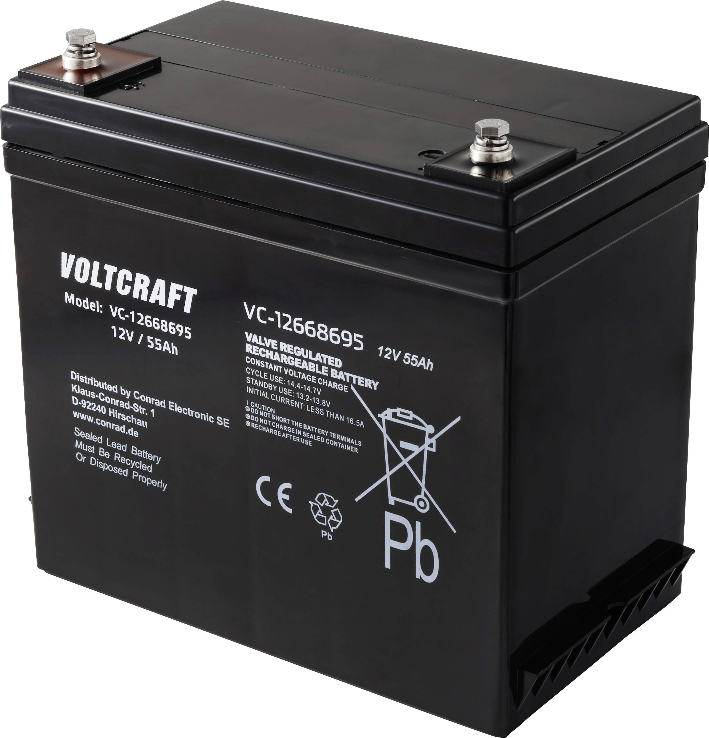 'Schwarze Voltcraft 12V 55Ah wiederaufladbare Batterie mit Modellnummer VC-12656895. Enthält Warnhinweise und CE-Kennzeichnung.'