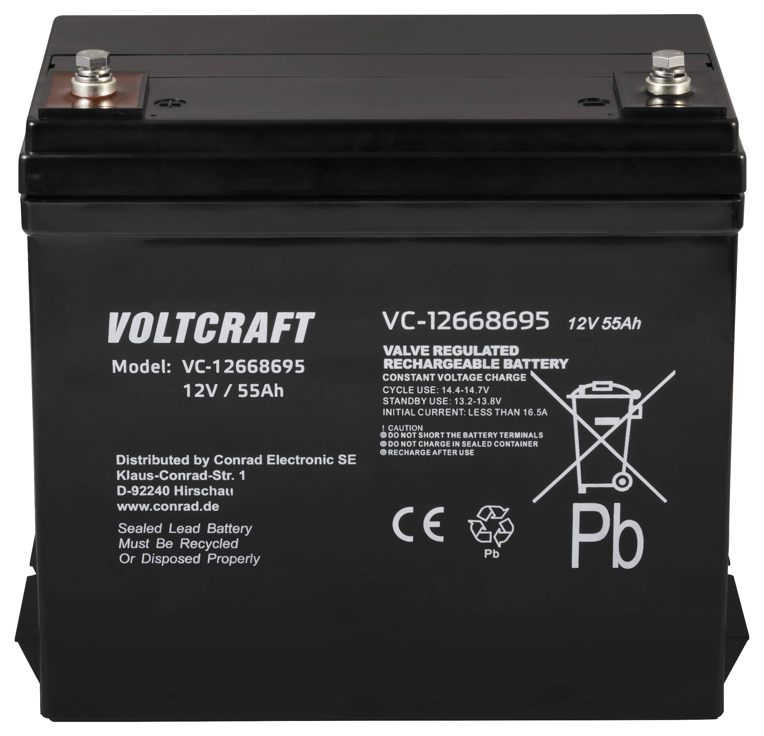 Schwarze wiederaufladbare Batterie von Voltcraft, Modell VC-12668695, 12V 55Ah, mit Produktdetails und Warnhinweisen auf der Vorderseite.