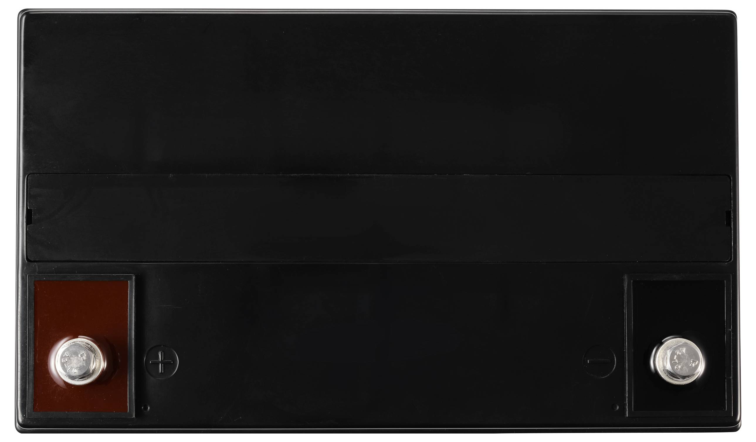Schwarze Auto-Batterie von oben, mit zwei sichtbaren Polen: Positiver Pol rechts, negativer Pol links.