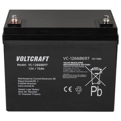 Eine schwarze, rechteckige Voltcraft-Batterie, Modell VC-12668697, 12V/75Ah. Enthält Sicherheits- und Verwendungshinweise.