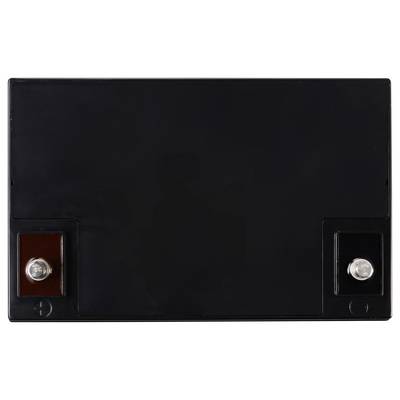 Schwarze rechteckige Batterie mit zwei Metallanschlüssen an den Ecken; eine positiv, eine negativ. Geeignet für elektronische Geräte.