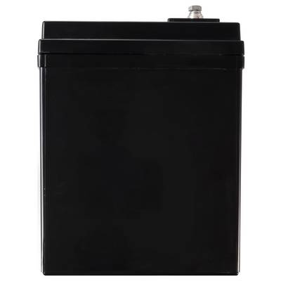 Eine schwarze, rechteckige Batterie mit einem Metallanschluss oben, vor einem weißen Hintergrund.