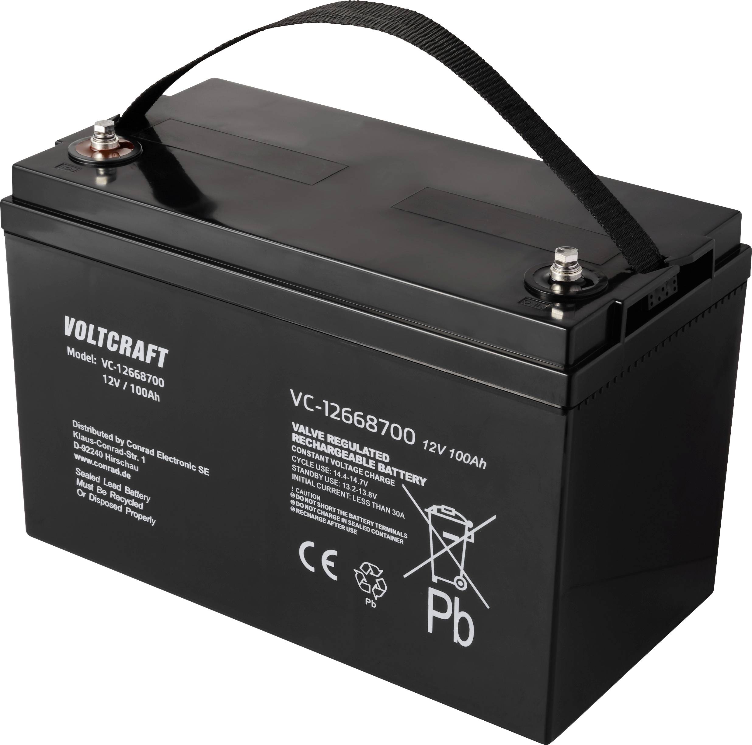 Eine schwarze Autobatterie mit der Aufschrift 'VOLTCARFT', Modell 'VC-1268700', 12V, 100Ah, mit CE- und Pb-Symbolen auf der Vorderseite.