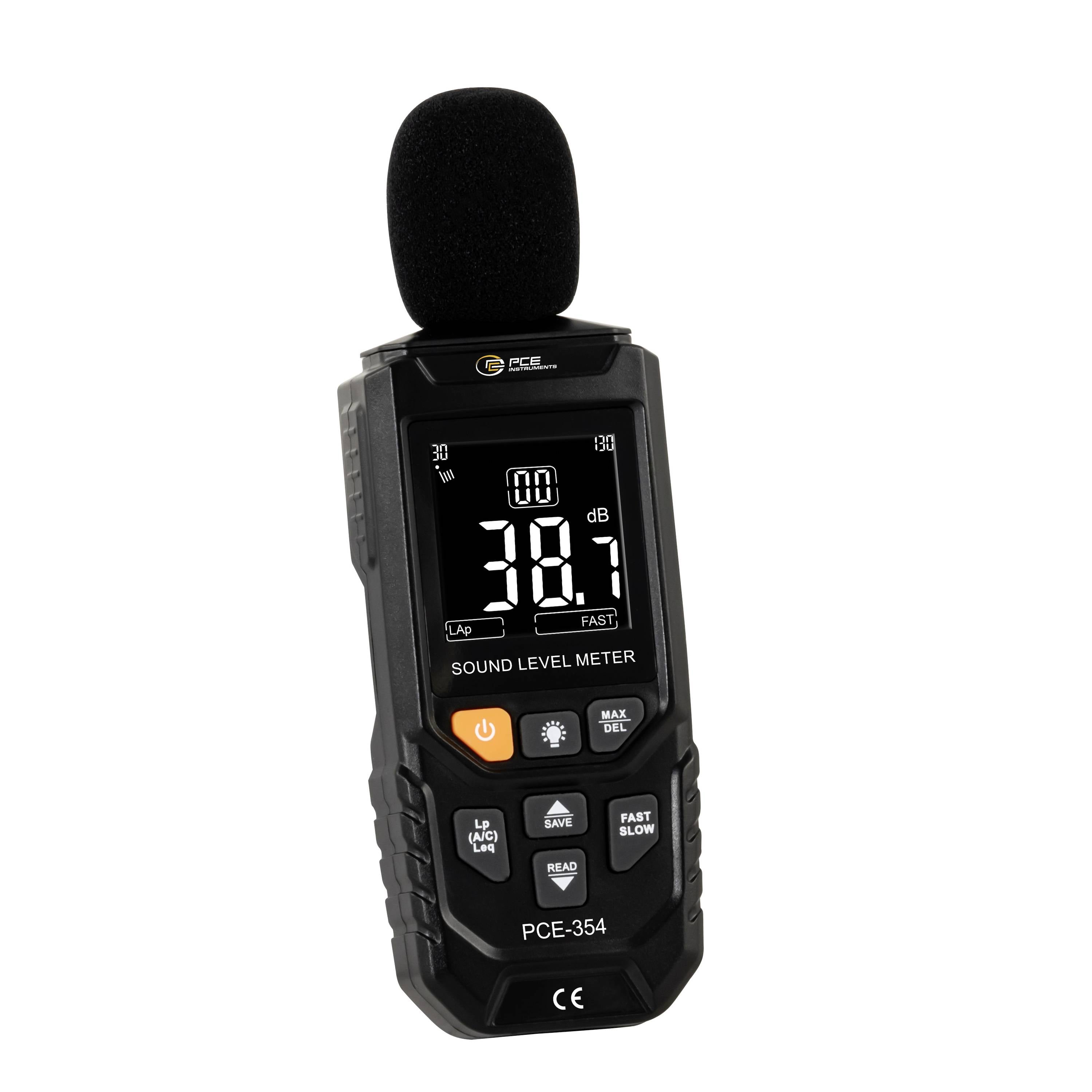 Tragbares Schallpegelmessgerät mit Schaummikrofon, das einen Messwert von 38,7 dB auf seinem Display anzeigt.