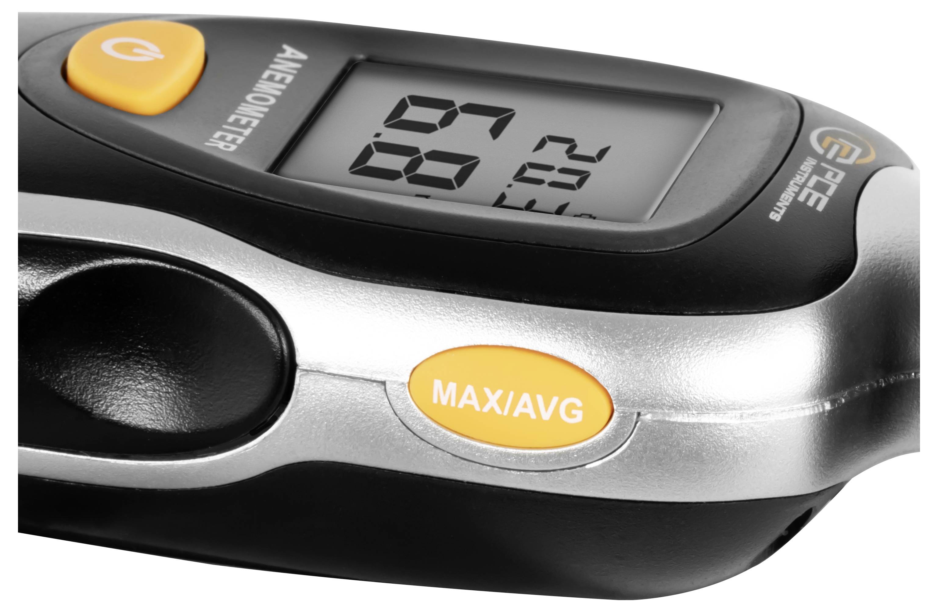 Digitales tragbares Anemometer mit LCD-Display und orangefarbenen MAX/AVG-Tasten auf schwarzem und silbernem Gehäuse