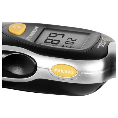 Digitales tragbares Anemometer mit LCD-Display und orangefarbenen MAX/AVG-Tasten auf schwarzem und silbernem Gehäuse