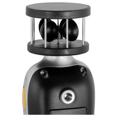 Nahaufnahme eines schwarzen tragbaren Wetterinstruments mit einem Schalenanemometer oben, das zur Messung der Windgeschwindigkeit verwendet wird.