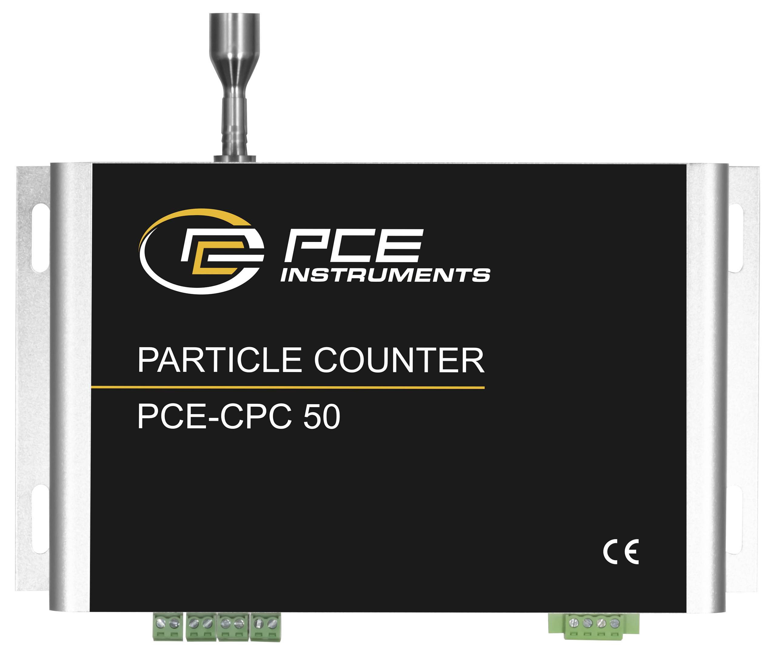 Partikelzähler PCE-CPC 50 von PCE Instruments mit CE-Kennzeichnung, kompakte Bauweise, Gehäuse in Schwarz und Silber.