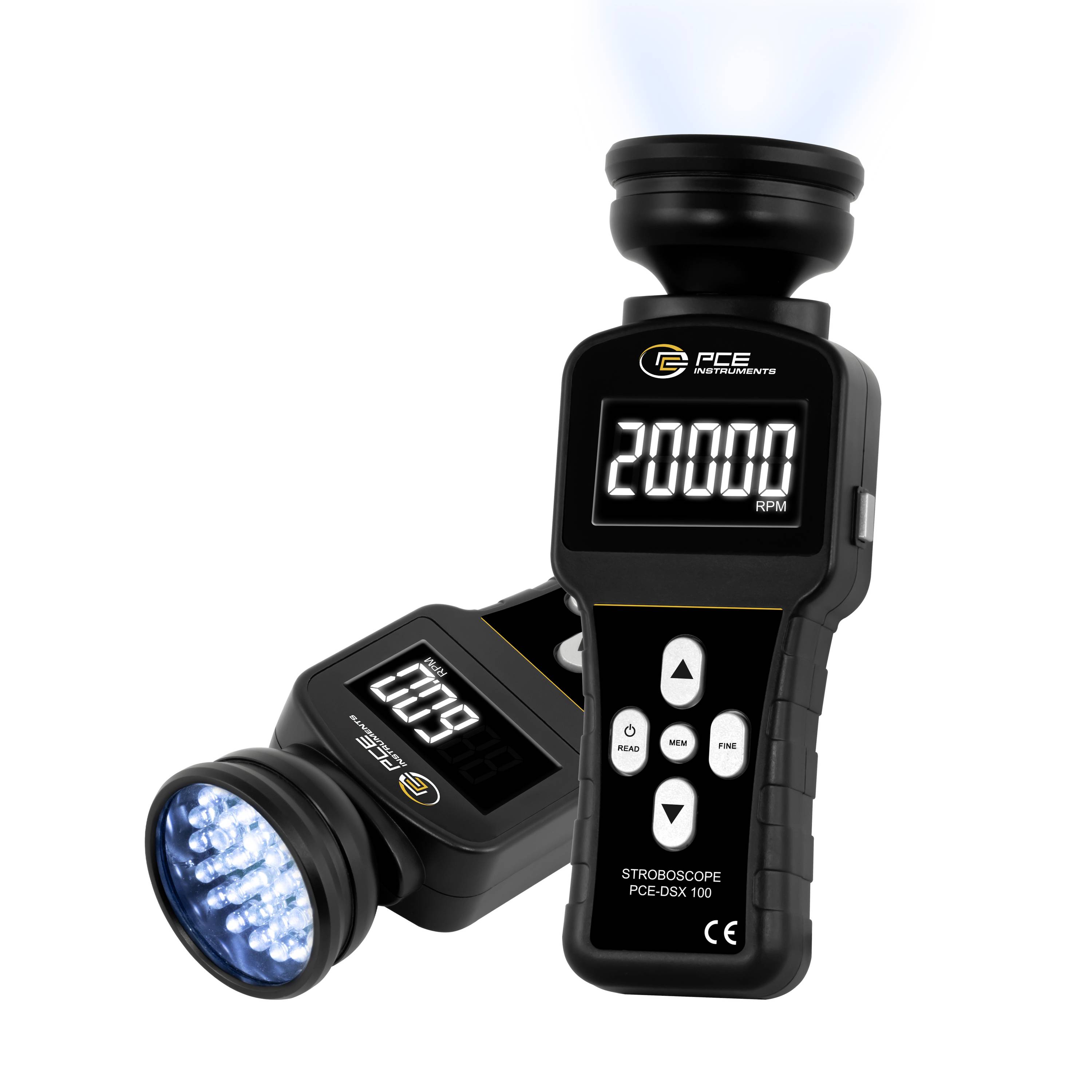 Produktbild von zwei schwarzen tragbaren PCE-Stroboskopen: eines zeigt „2000 RPM" an und das andere zeigt eine blaue blinkende LED-Leuchte.