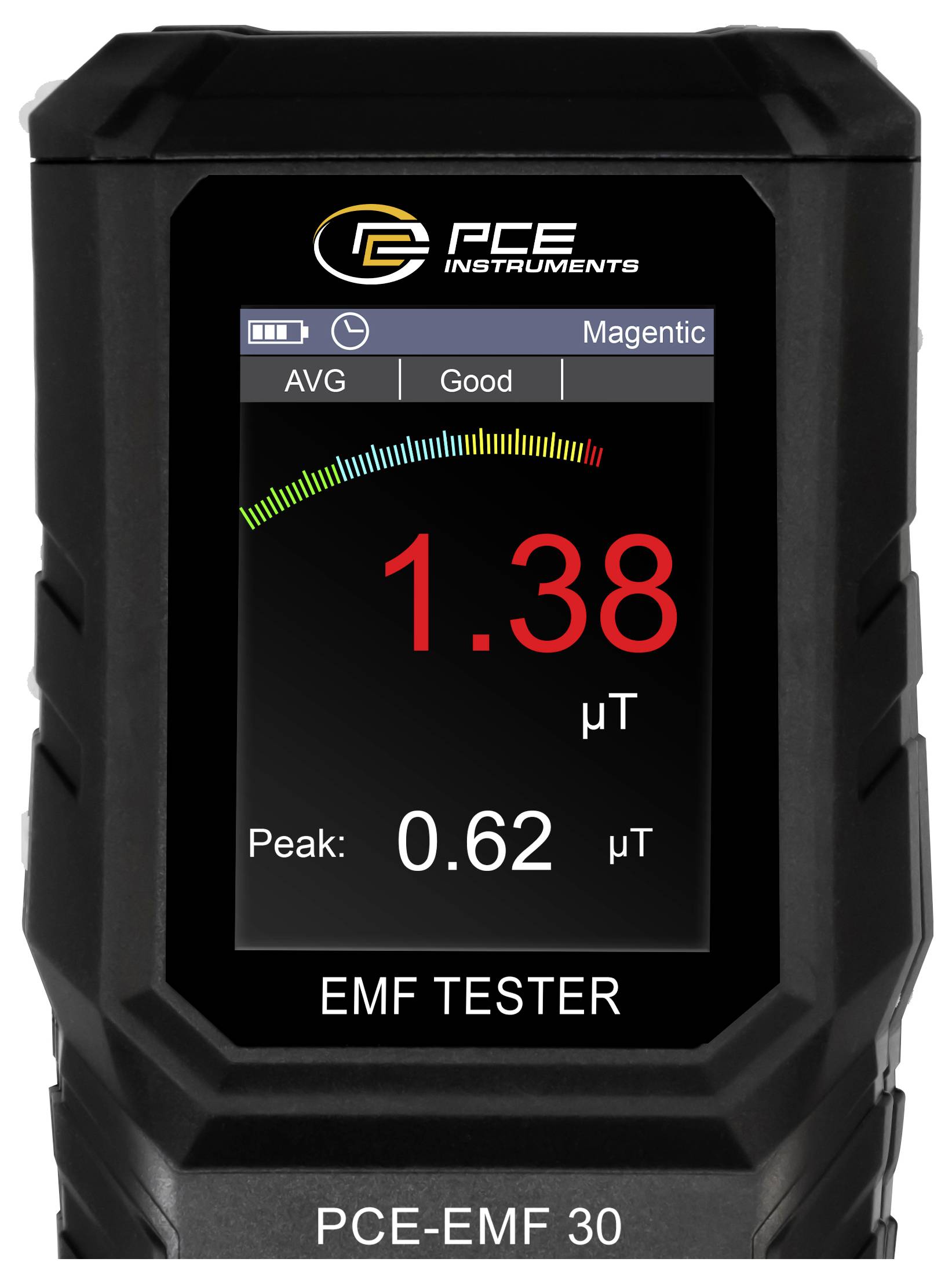 Tragbarer PCE-EMF-Prüfer mit Display-Anzeige einer Magnetfeldmessung von 1,38 µT, mit Durchschnitts- und Spitzenwerten im Status „Gut".