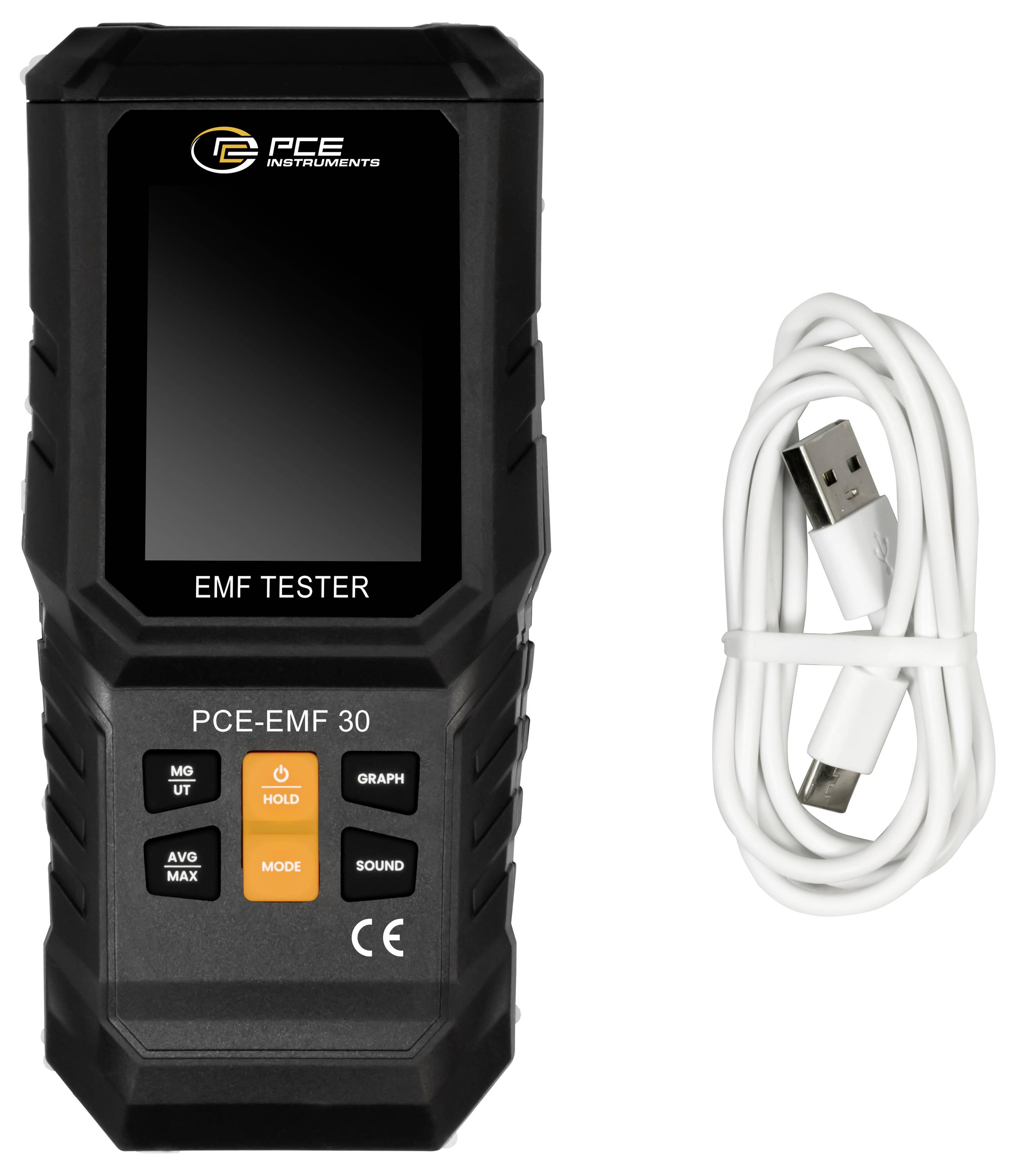 'EMF-Tester PCE-EMF 30' mit Display und Bedienelementen für Messungen elektromagnetischer Felder, daneben ein USB-Kabel zur Verbindung.