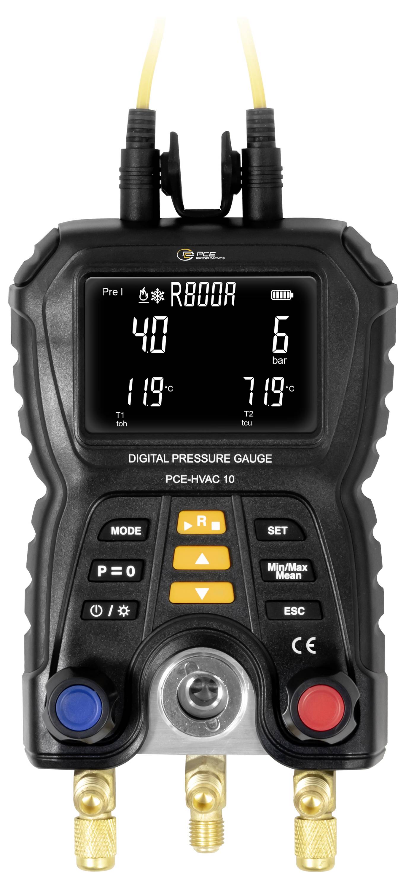 Tragbares digitales Druckmessgerät mit zwei Schlauchverbindungen, dualen digitalen Anzeigen mit 40 und 6 bar sowie 119°C und mehreren Steuertasten.