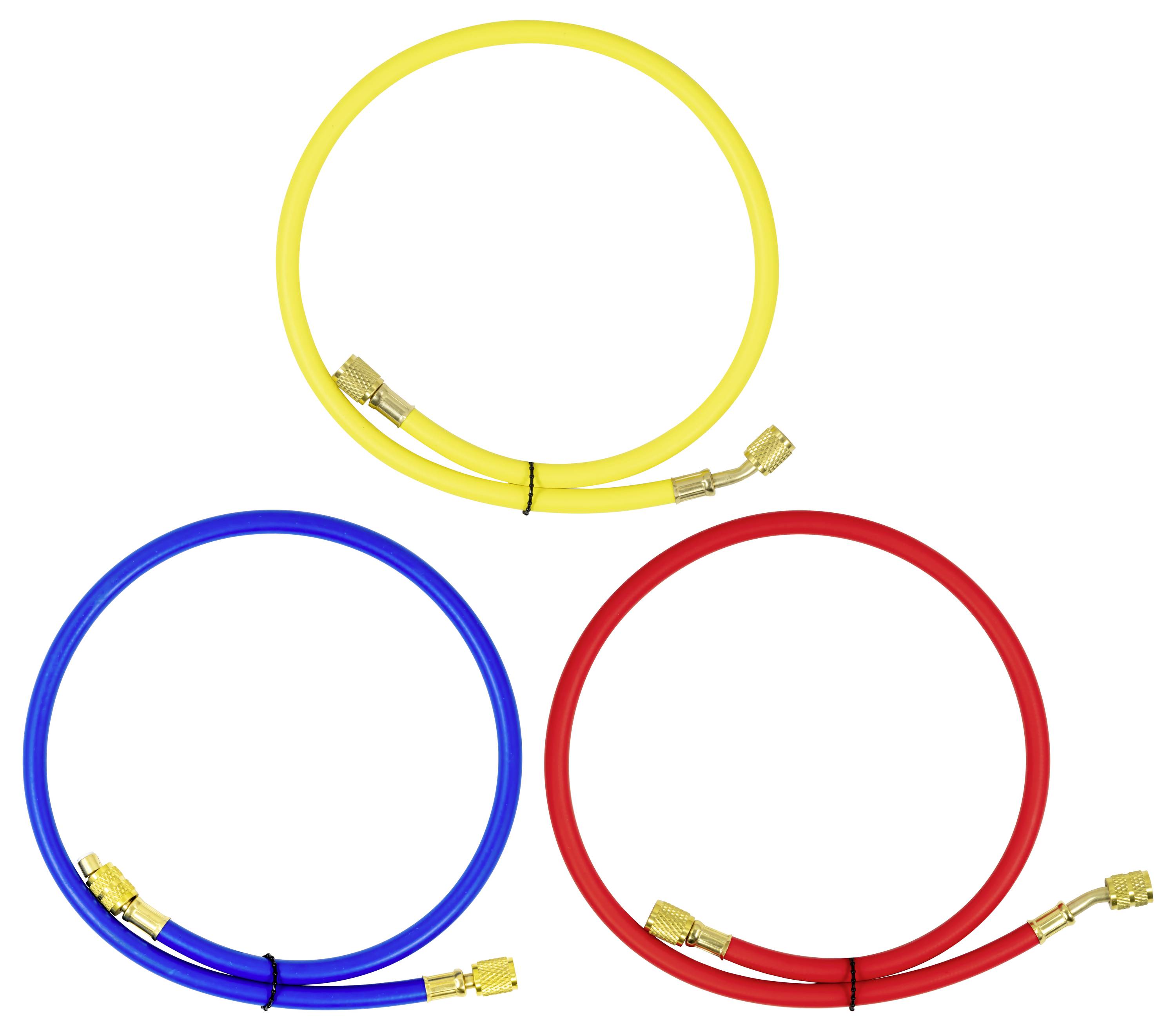 Drei aufgerollte Ethernet-Kabel in Gelb, Blau und Rot, jeweils mit vergoldeten RJ45-Steckern auf weißem Hintergrund.