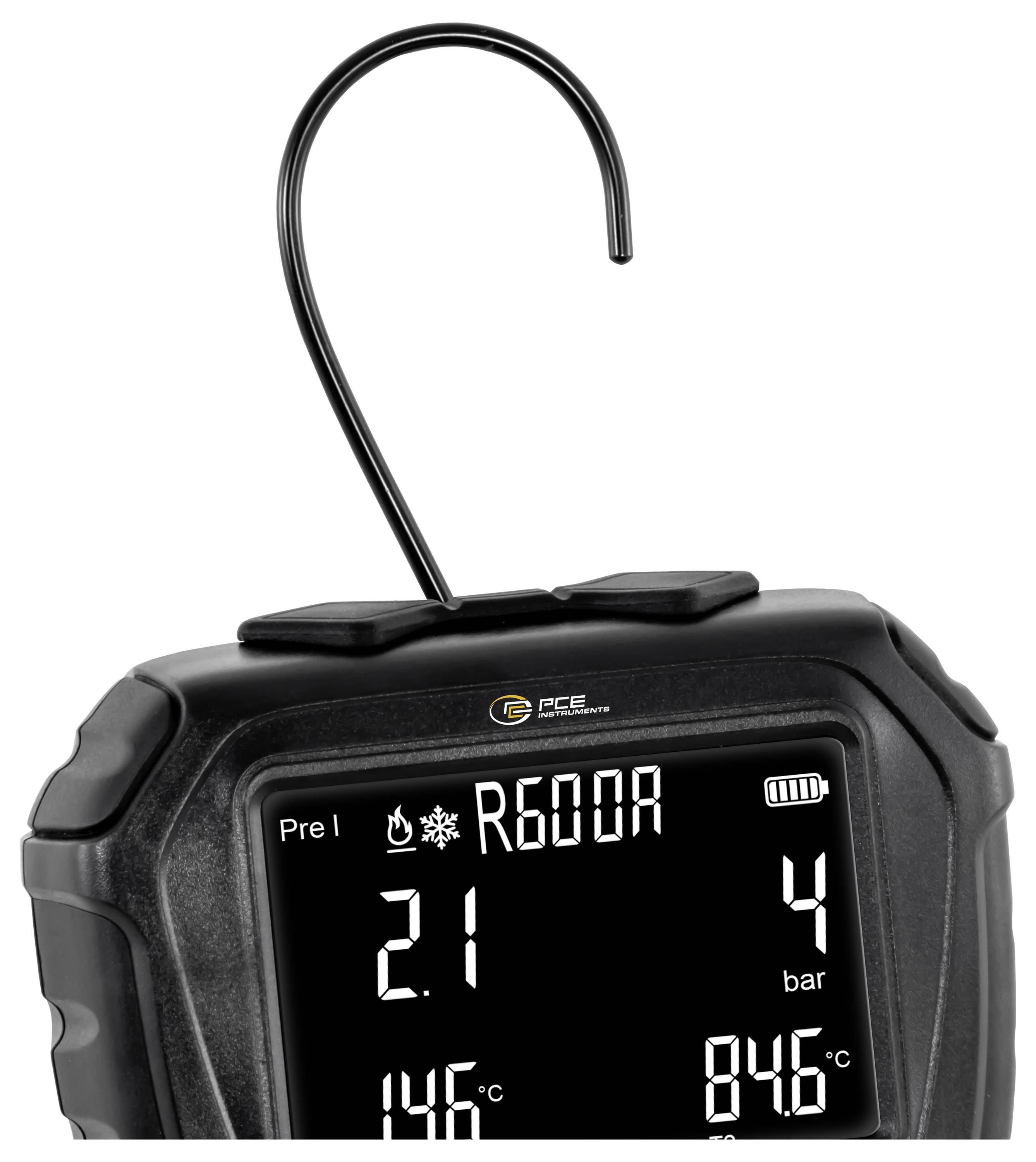 Tragbares digitales Messgerät mit Hook-Display, das „R600A", 2,1 bar, 4 bar, 14,6°C und 84,6°C anzeigt.