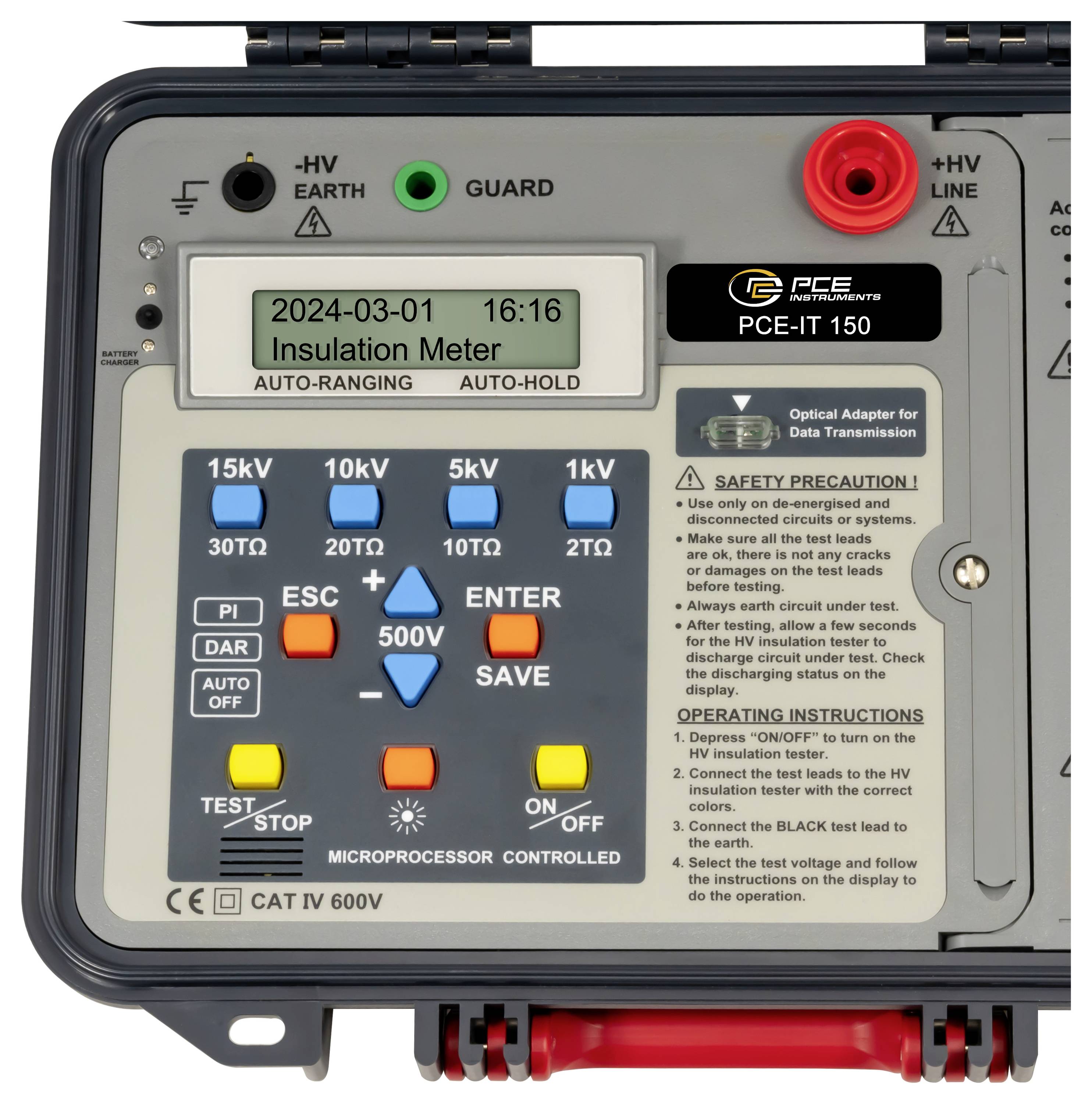 Frontplatte eines PCE IT 150 Isolationsprüfers mit Display, Spannungsbereichstasten und Teststeuerungen zur Messung der elektrischen Isolation.