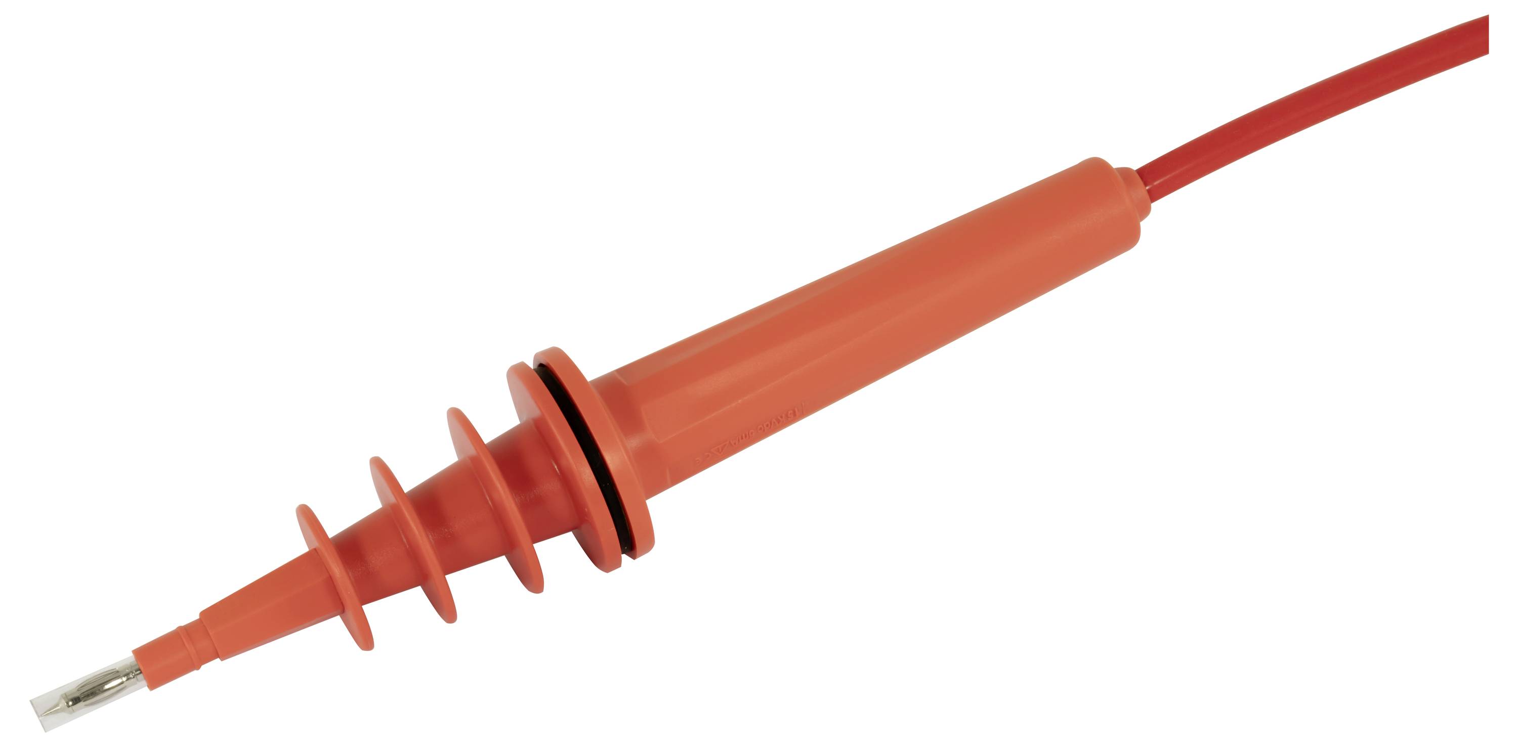 Orange isolierter elektrischer Testleiter mit spitzer Metallspitze auf weißem Hintergrund.