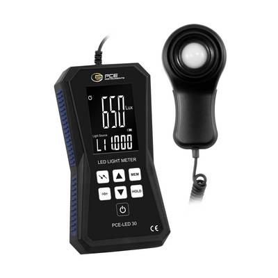 Digitales LED-Lichtstärkemessgerät mit separater Sensor-Sonde, das 650 Lux und L1 000 auf seinem Display anzeigt.