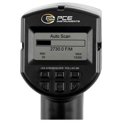 Tragbares PCE-Instrument LED-Stroboskop-Display zeigt „Auto Scan" und 2730,0 U/min, mit Minimum 50 und Maximum 12000.