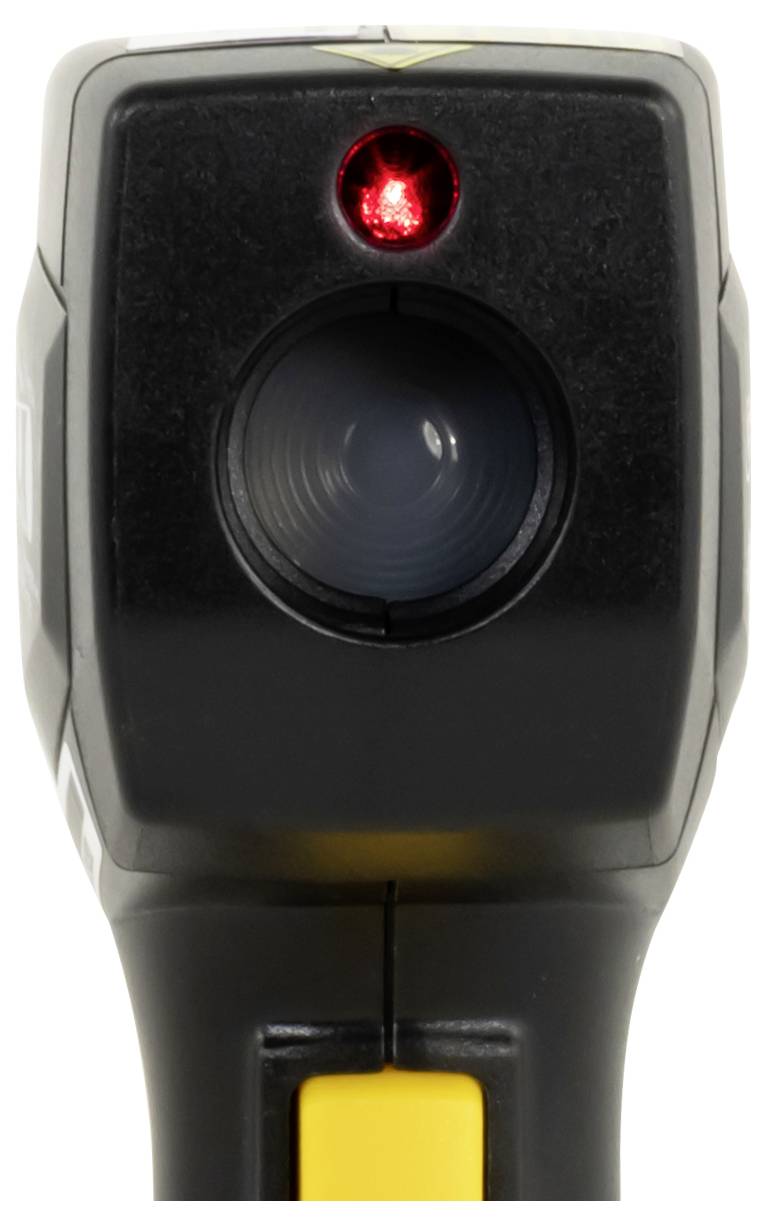 Tragbarer Barcode-Scanner mit rotem Anzeigelicht und gelbem Auslöseknopf auf weißem Hintergrund.