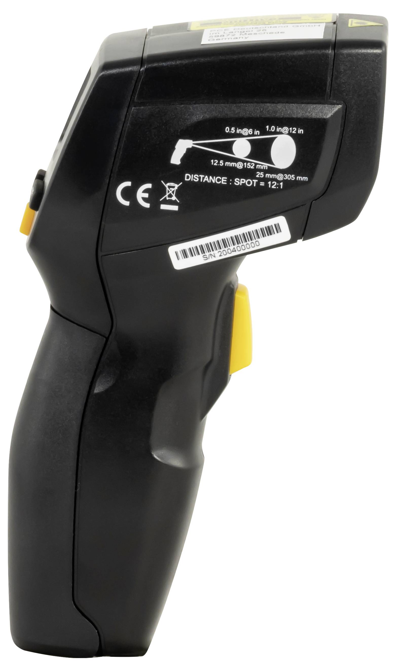 Schwarze tragbare Infrarot-Thermometerpistole mit Auslöser, Anzeigemarkierungen und Sicherheitsetiketten auf weißem Hintergrund.
