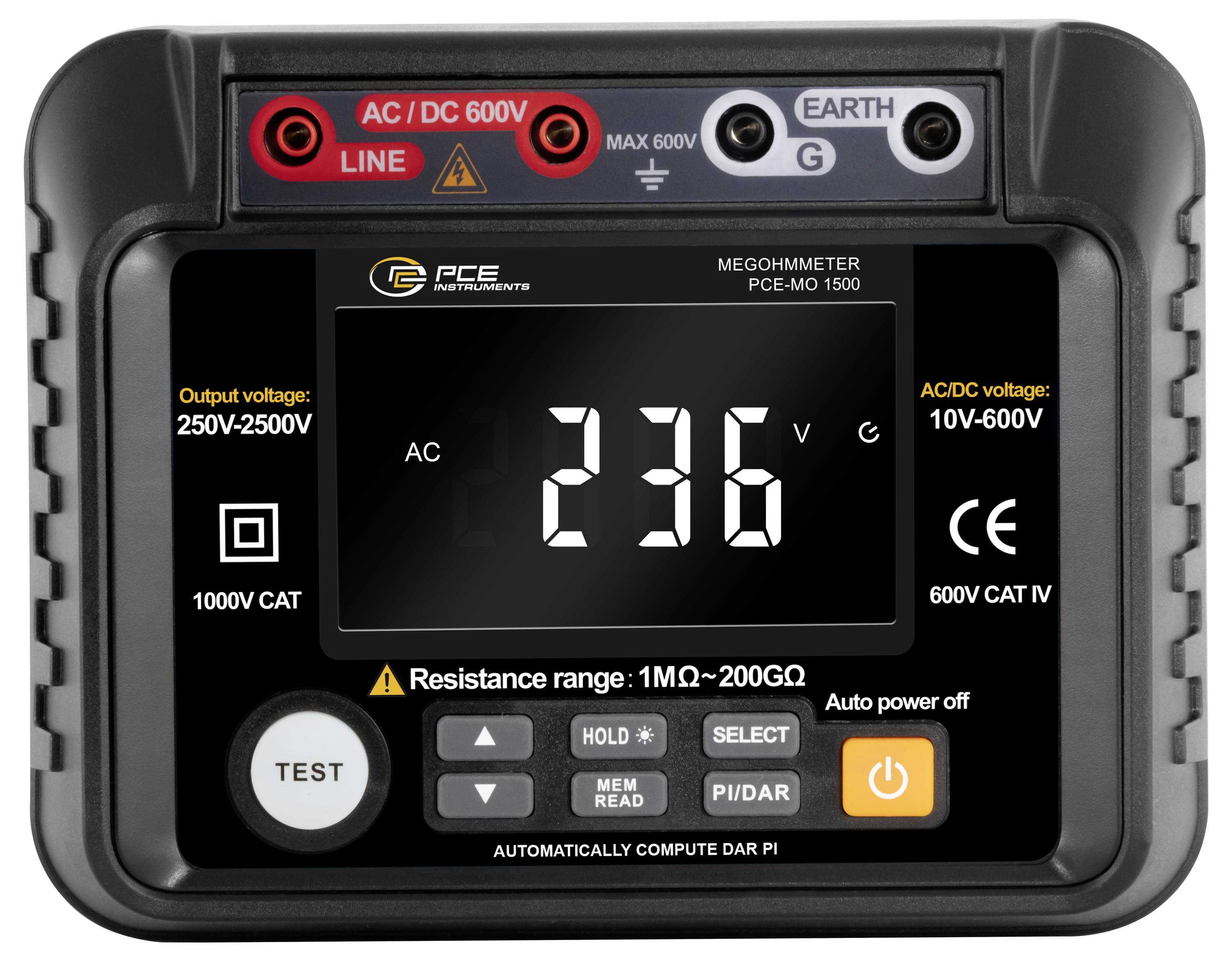Vorderansicht eines digitalen Megaohmmeters, das 236 V AC auf dem Display anzeigt, mit Prüfklemmen und einer TEST-Taste auf der Frontplatte.