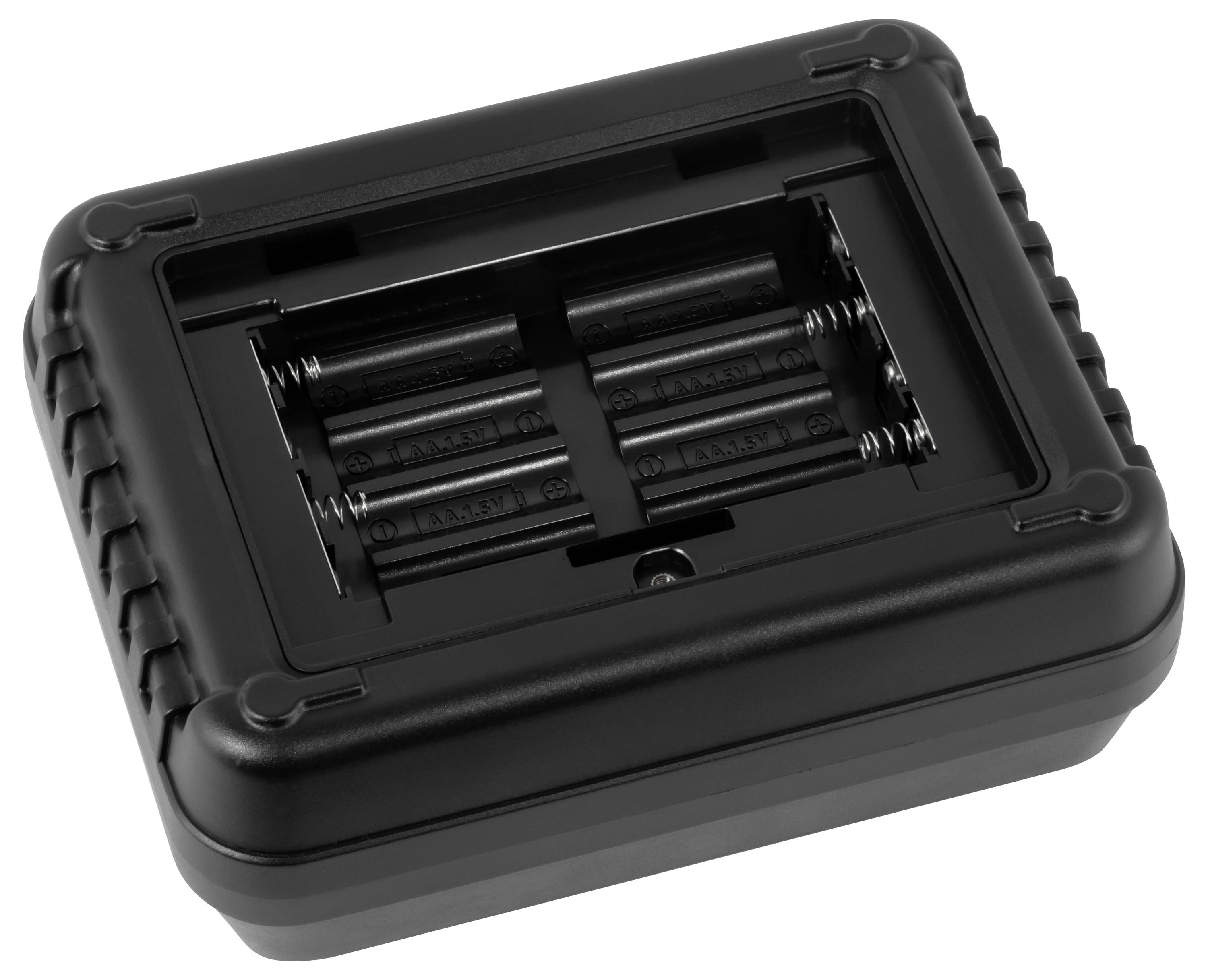 Schwarze rechteckige Batteriefach mit einem offenen Fach, das mehrere AA-Batterien im Inneren zeigt.