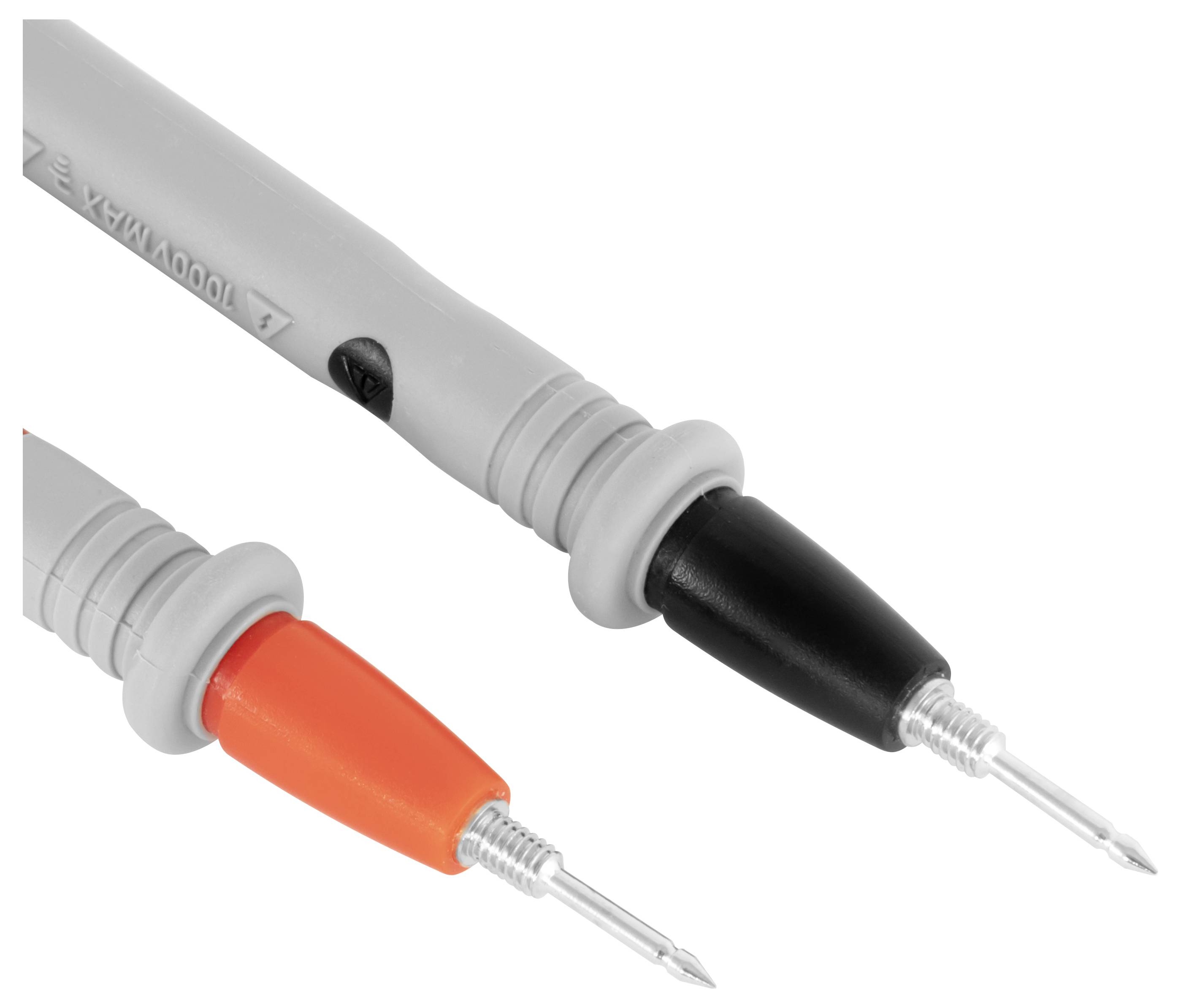 Nahaufnahme von zwei Messsonden mit grauen Griffen und isolierten Spitzen, eine schwarz und eine orange, zeigt Metallsondespitzen für elektrische Tests.