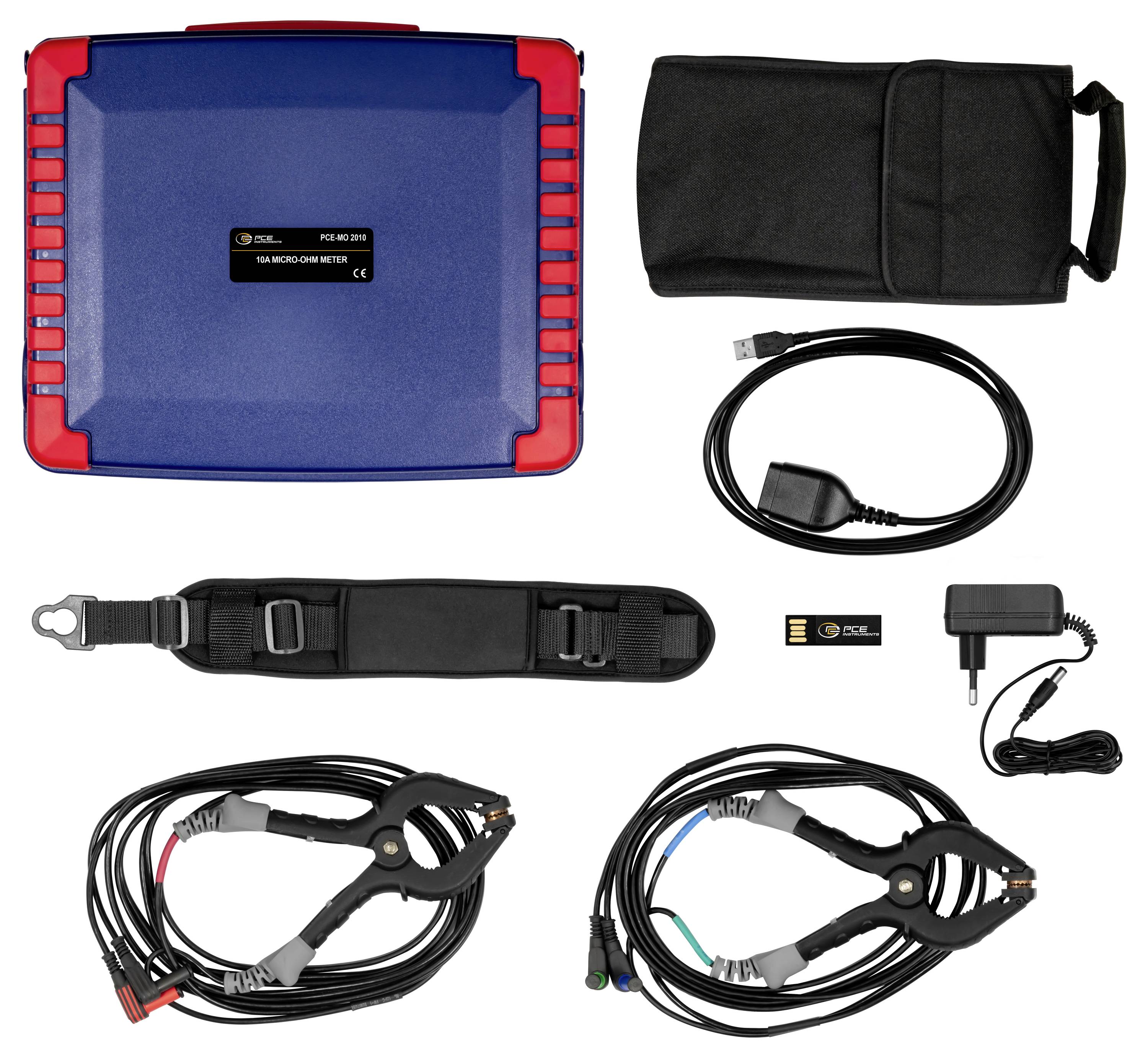 Diagnose-Mikro-Ohmmeter-Set mit blauem Instrumentenkoffer, Transporttasche, USB-Kabel, Schultergurt, Netzteil, USB-Stick und zwei Sätzen von Klemmprüfleitungen.