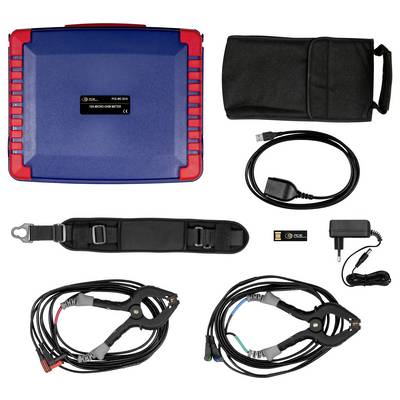 Diagnose-Mikro-Ohmmeter-Set mit blauem Instrumentenkoffer, Transporttasche, USB-Kabel, Schultergurt, Netzteil, USB-Stick und zwei Sätzen von Klemmprüfleitungen.
