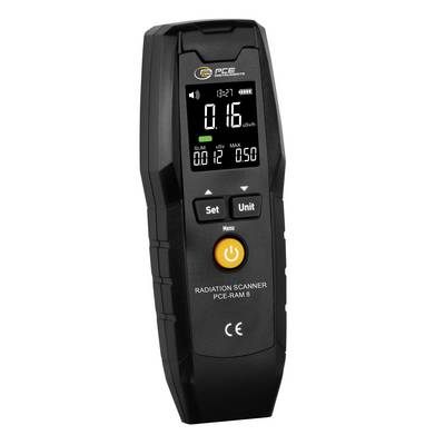 Tragbares Strahlungsmessgerät mit digitaler Anzeige von 0,16 µSv/h, mit Tasten für Einstellung und Einheit sowie Ein-/Ausschalter.