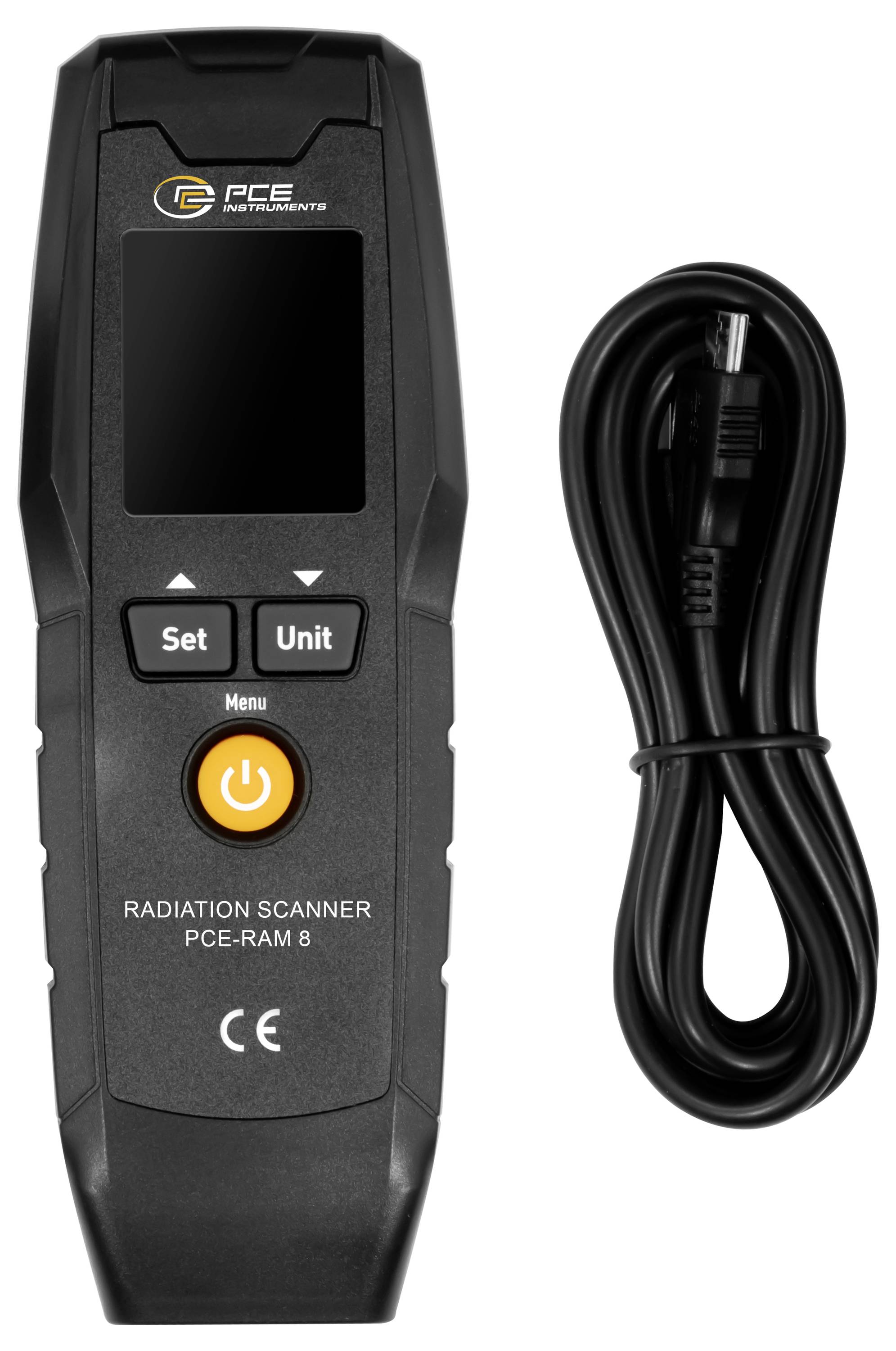 Ein schwarzes Messgerät für Strahlung mit Display und Bedientasten neben einem schwarzen Kabel. Anzeigen: 'Set', 'Unit', 'Menu'.