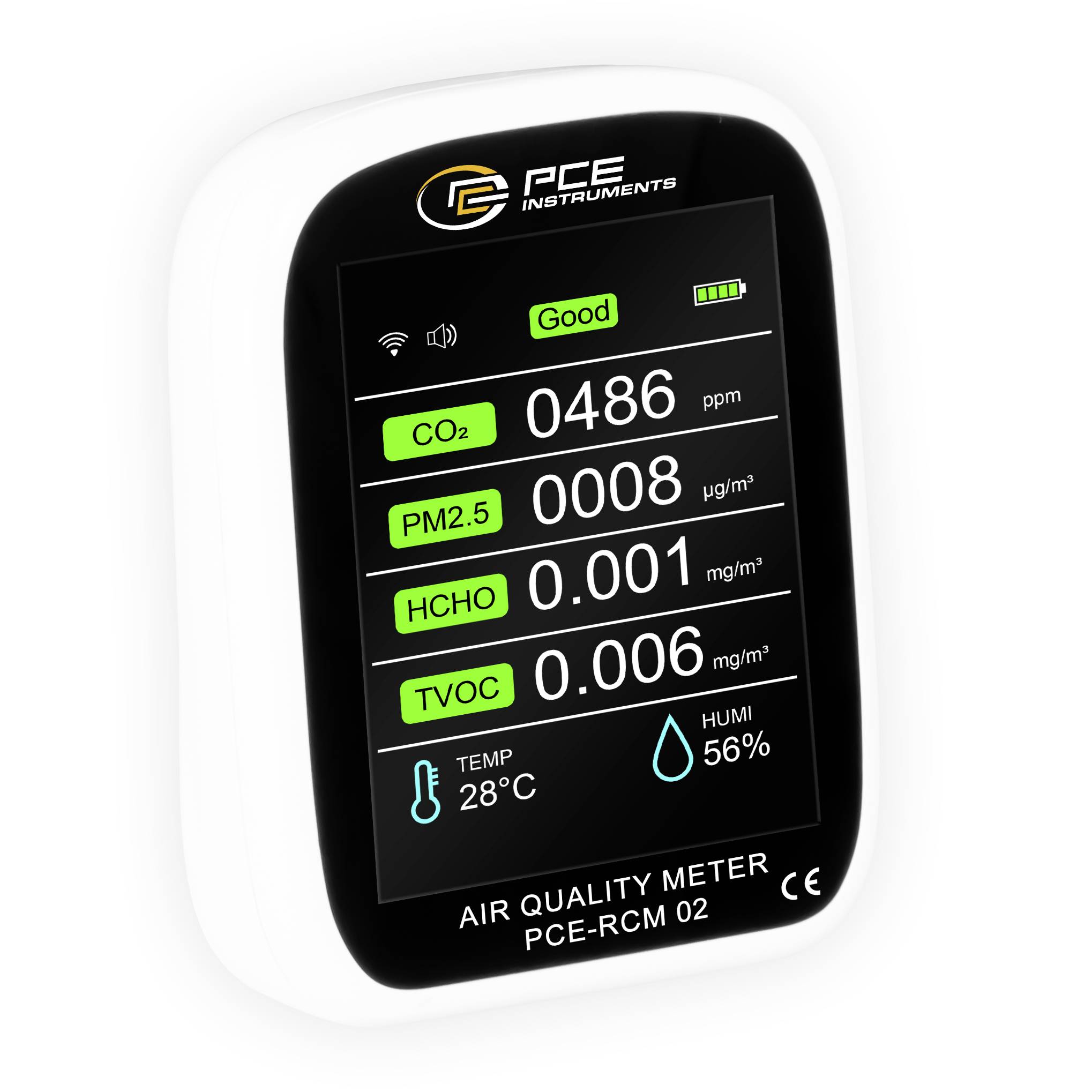 Tragbares PCE-Luftqualitätsmessgerät-Display zeigt Status "Gut", CO2 486 ppm, PM2,5 0008 µg/m³, HCHO 0,001 mg/m³, TVOC 0,006 mg/m³, 28°C und 56% Luftfeuchte.