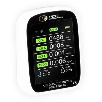 Tragbares PCE-Luftqualitätsmessgerät-Display zeigt Status "Gut", CO2 486 ppm, PM2,5 0008 µg/m³, HCHO 0,001 mg/m³, TVOC 0,006 mg/m³, 28°C und 56% Luftfeuchte.