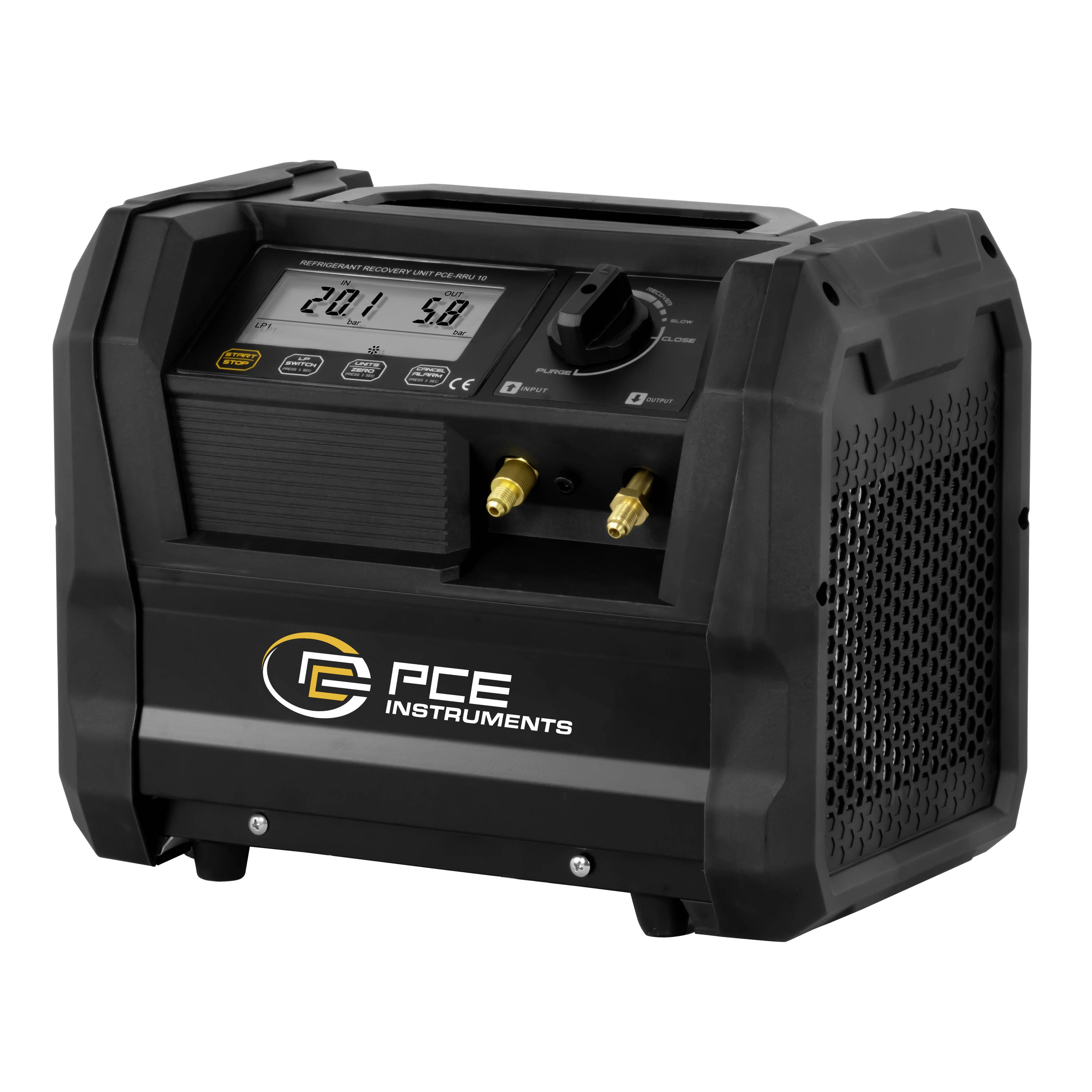 Tragbares Black PCE Instruments Gerät mit digitaler Anzeige, Steuerregler und zwei Messingrohrverbindungen auf weißem Hintergrund.
