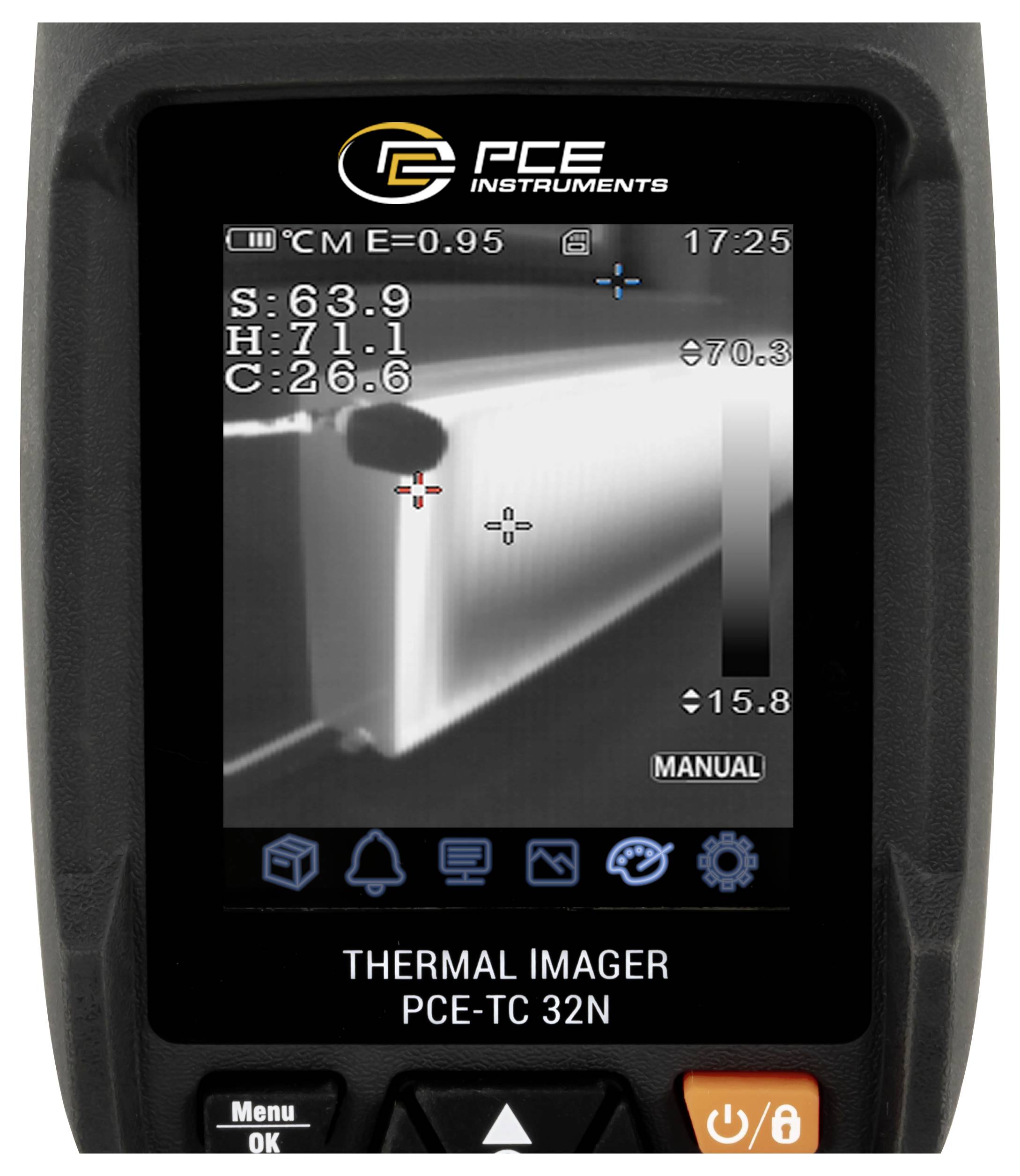Tragbarer PCE-Wärmebild-Bildschirm, der eine thermische Ansicht eines Eckgegenstands mit Temperaturanzeigen S63,9, H71,1, C26,6 und manuellem Modus zeigt.