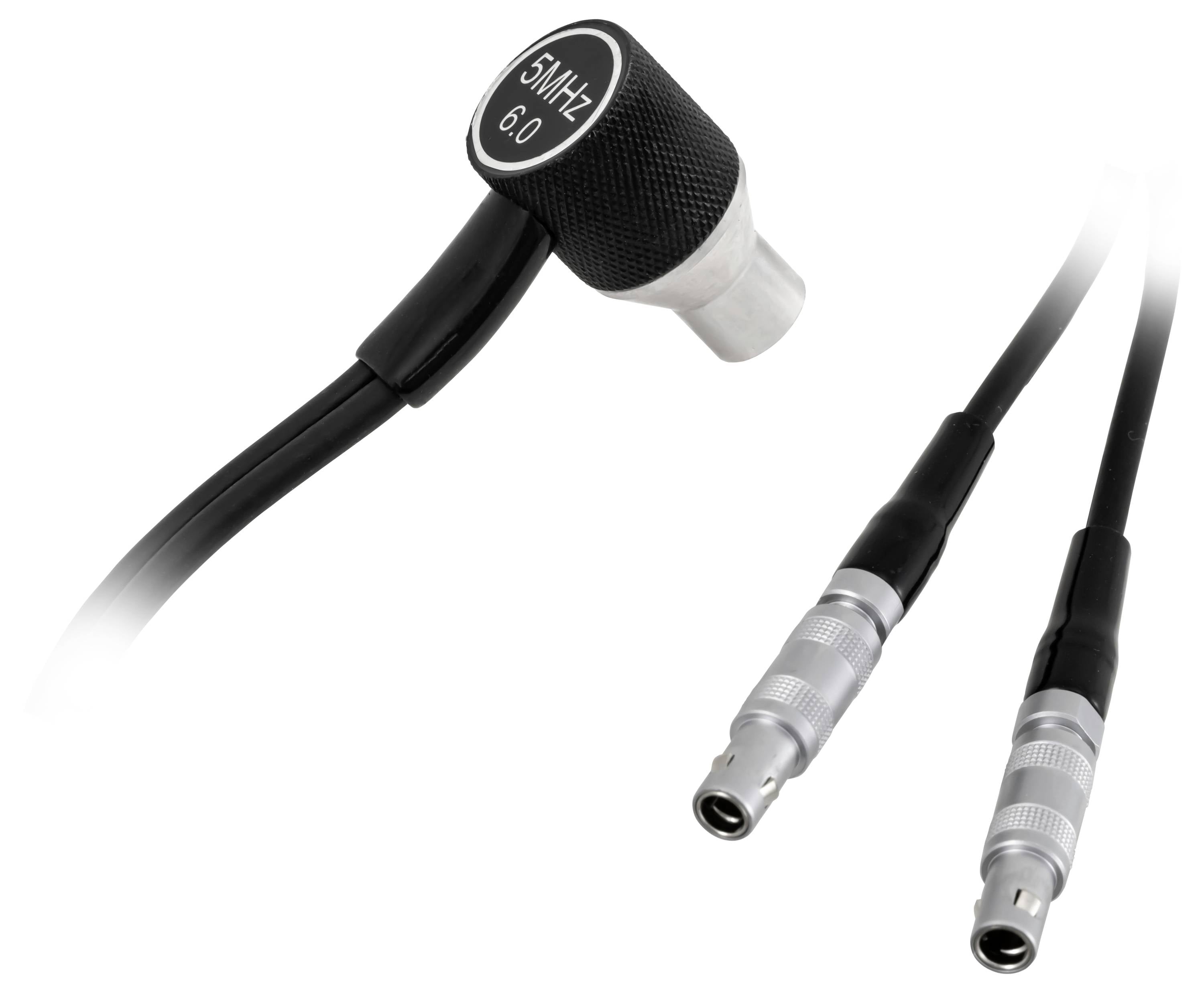Schwarzes medizinisches Sensorkabel mit 6MHz/6,0-Sonde und zwei Metallsteckverbindungen auf weißem Hintergrund.