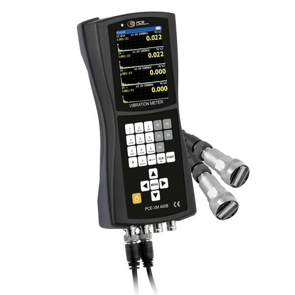 PCE Instruments Vibrationsmessgerät PCE-VM 400B |4-Kanal |m/s²| mm/s |µm |U/min |ISO10816 |Auswuchtfunktion |2 Sensoren